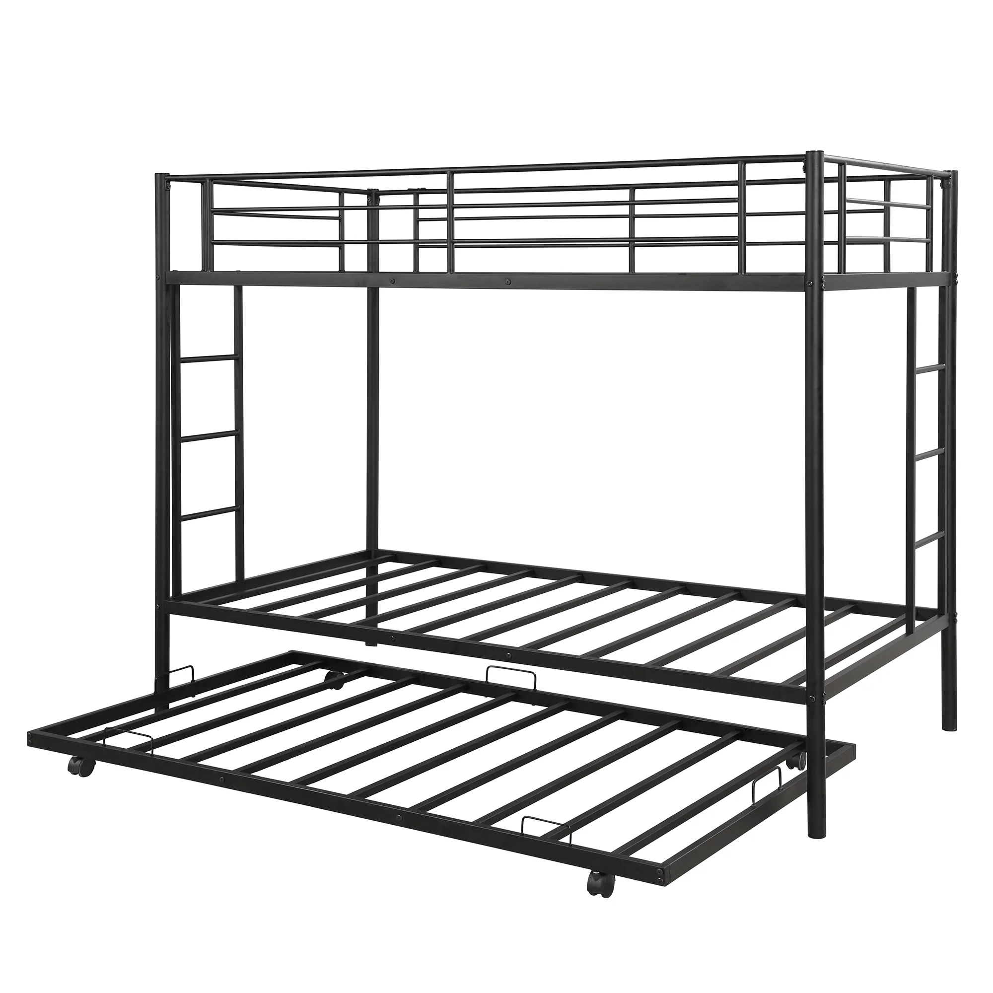 CHURANTY Twin Over Twin bunk Bed with Trundle,Metal Bunk Bed Frame with 2 Side Ladders, Safety Guard Rails for Kids/Teens/Children/Adults, Black