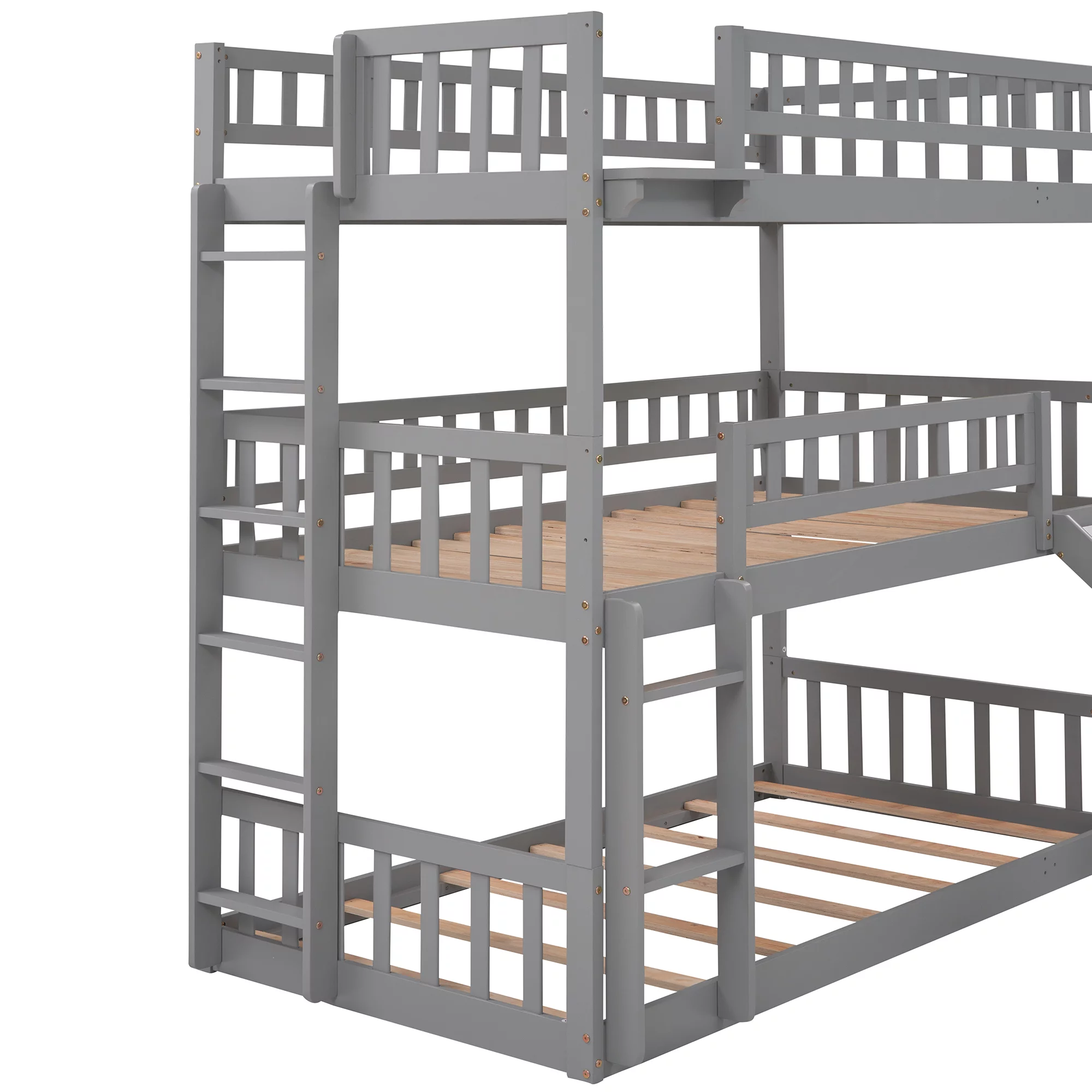 Bellemave Triple Bunk Bed with Slide, Wood Twin over Twin over Twin 3 Bunk Bed with 2 Built-In Ladders, Convertible Triple Beds for Kids, Teens, Boys & Girls (Gray)