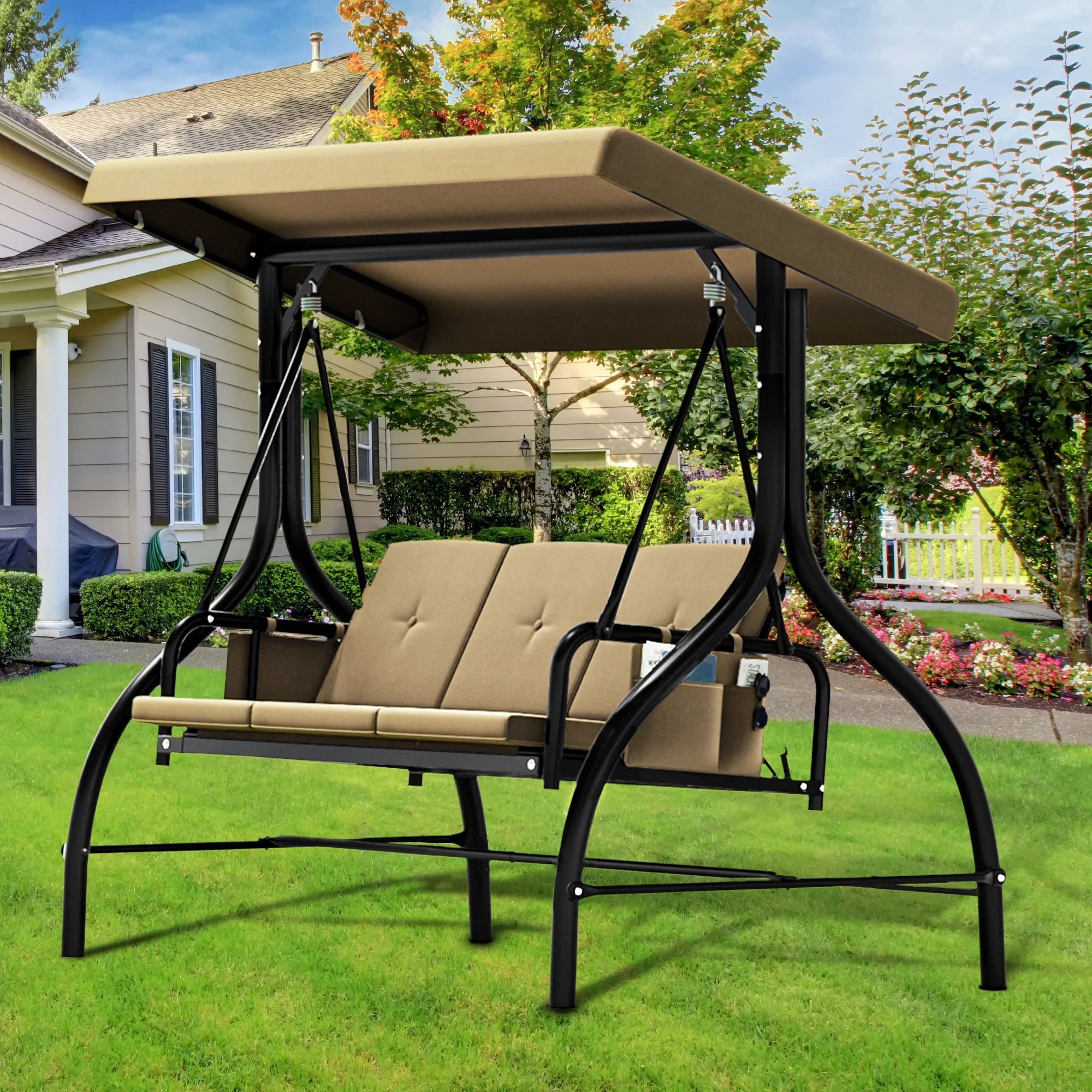 Dextrus Outdoor Patio Swing Bed for 3 People with Adjustable Canopy and Removable Cushion, Designed for Adults in Garden, Poolside or Balcony, Light Brown