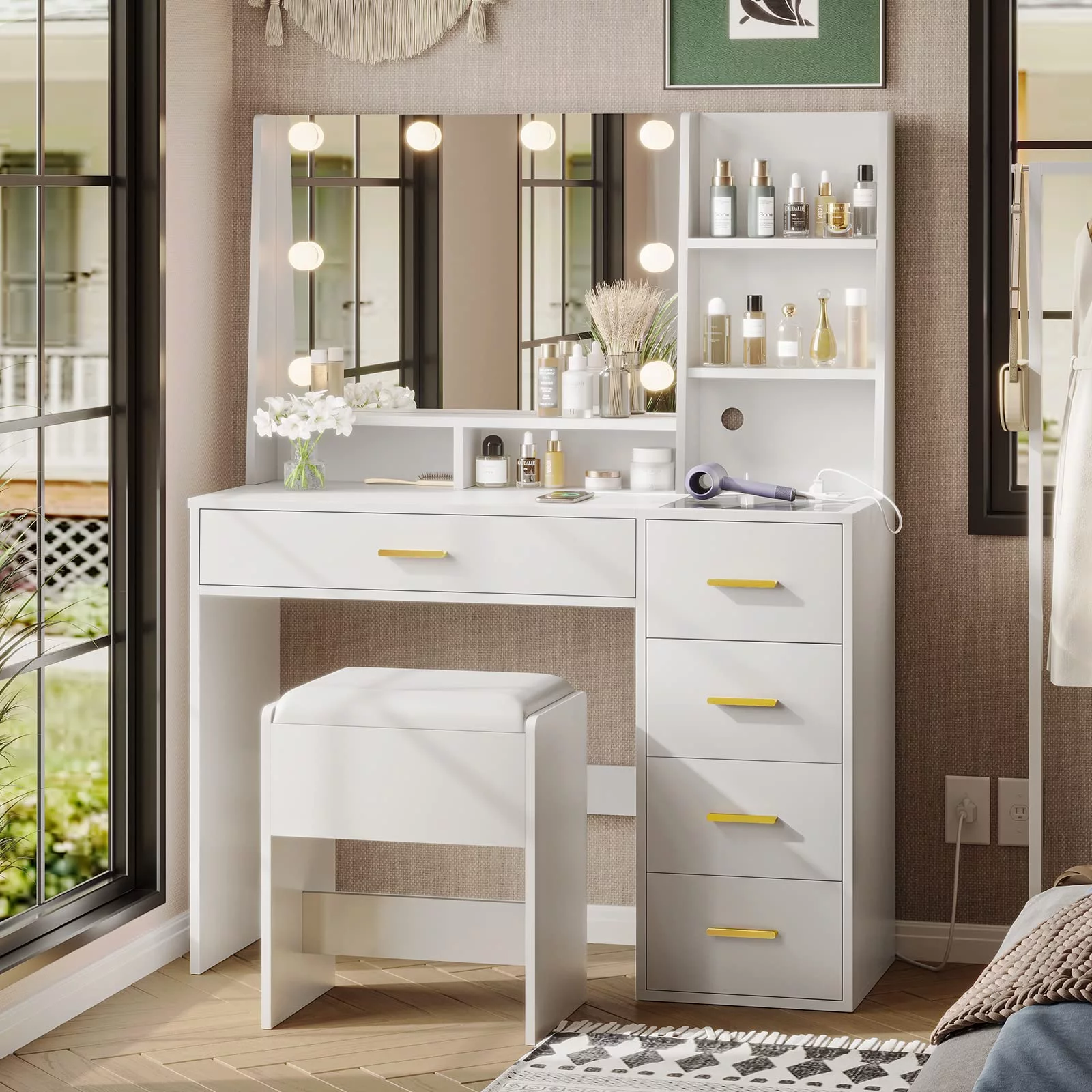 White Vanity Desk with Mirror and Lights,Bedroom Makeup Table Set with Lights & Charging Station,Makeup Desk with Drawers and Storage Shelves and Cushioned Stool