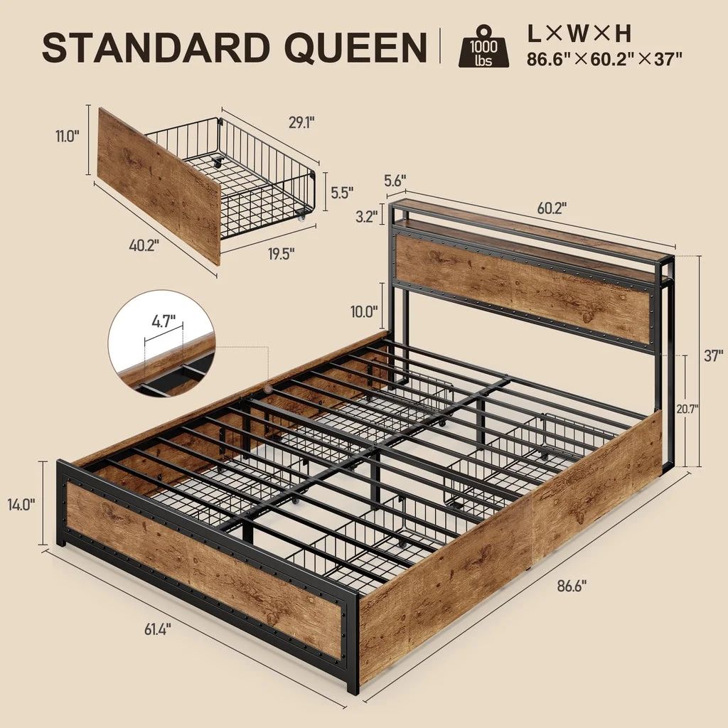 Aiho Queen Size Metal Bed Frame with Drawers and Headboard for Bedroom - Brown