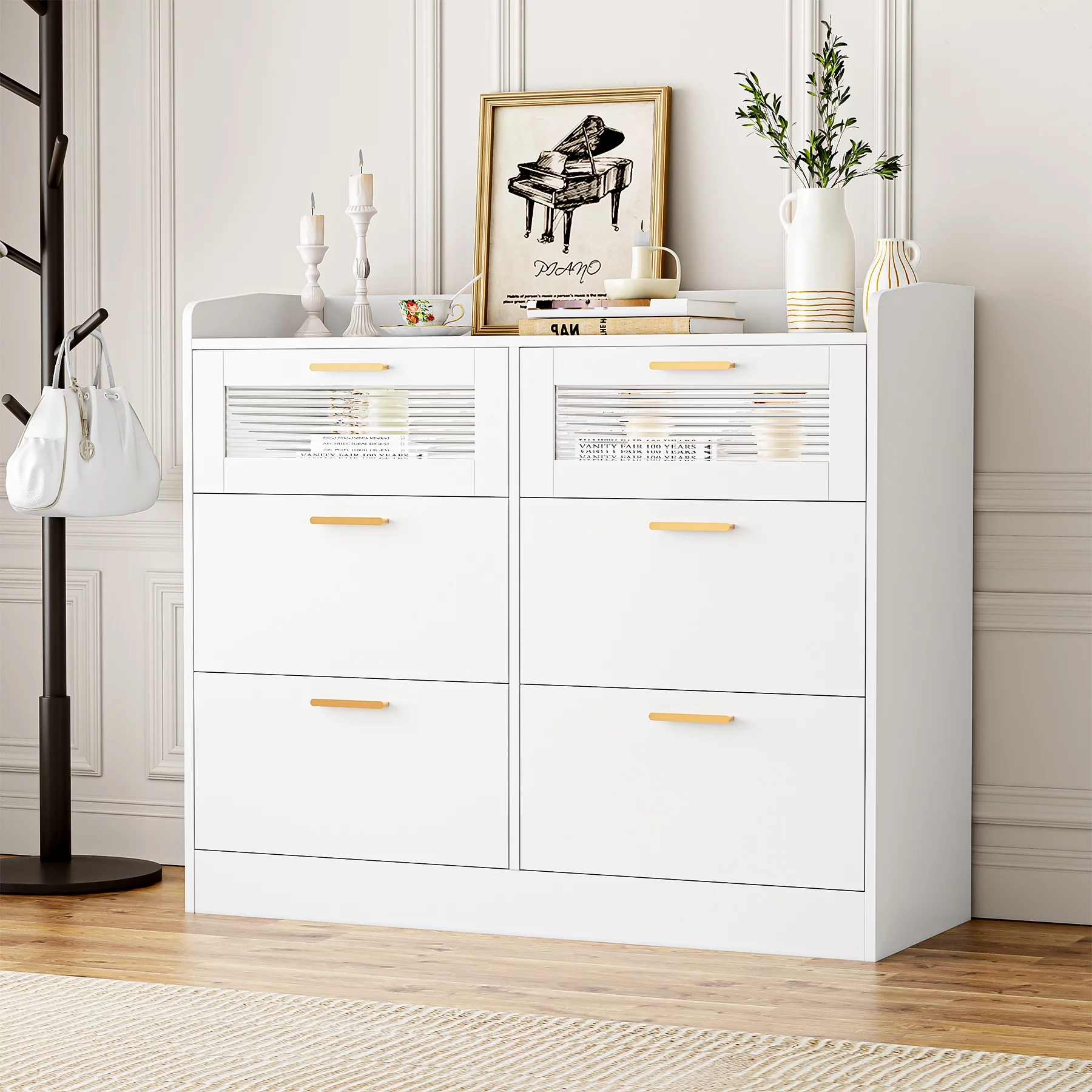 Homfa 6 Drawer Double Dresser with Fence, White Chest of Drawers with Wavy Glass, Wooden Storage Cabinet for Bedroom
