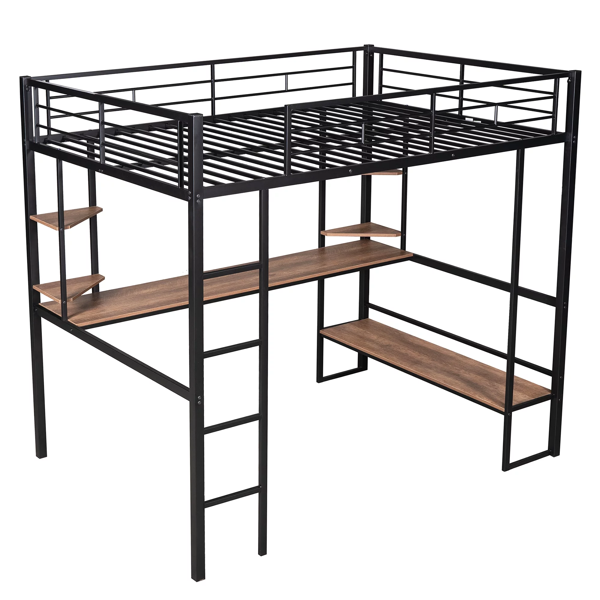 Euroco Full Size Loft Bed with Desk and Shelf, Space Saving Metal Bed, Black