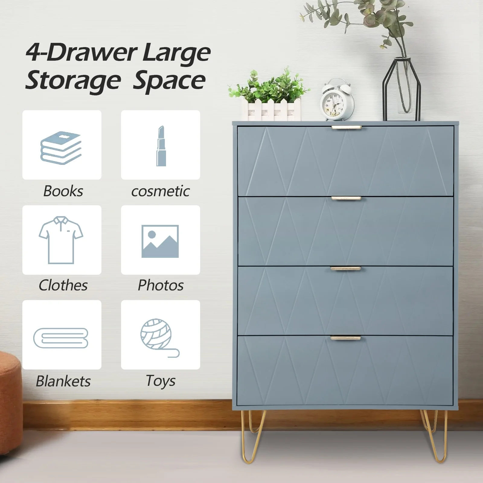 4 Drawers Chest Of Dresser Tall Storage Tower Cabinet with Metal Legs For Bedroom Living Room Bluish Gray