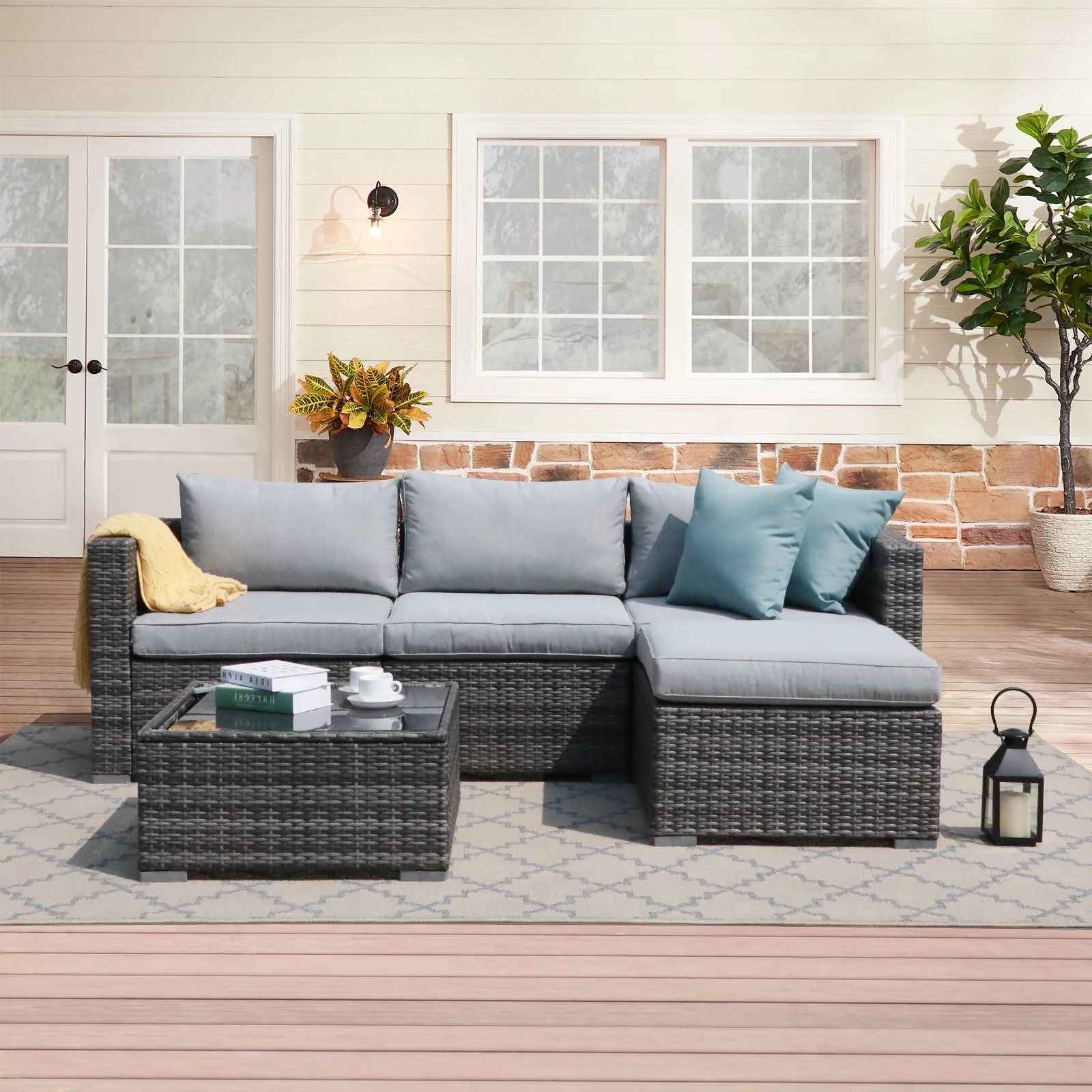JOIVI 5 Pieces Outdoor Patio Furniture Set, All Weather PE Gray Wicker Rattan Sectional Furniture Set with Coffee Table, Light Gray