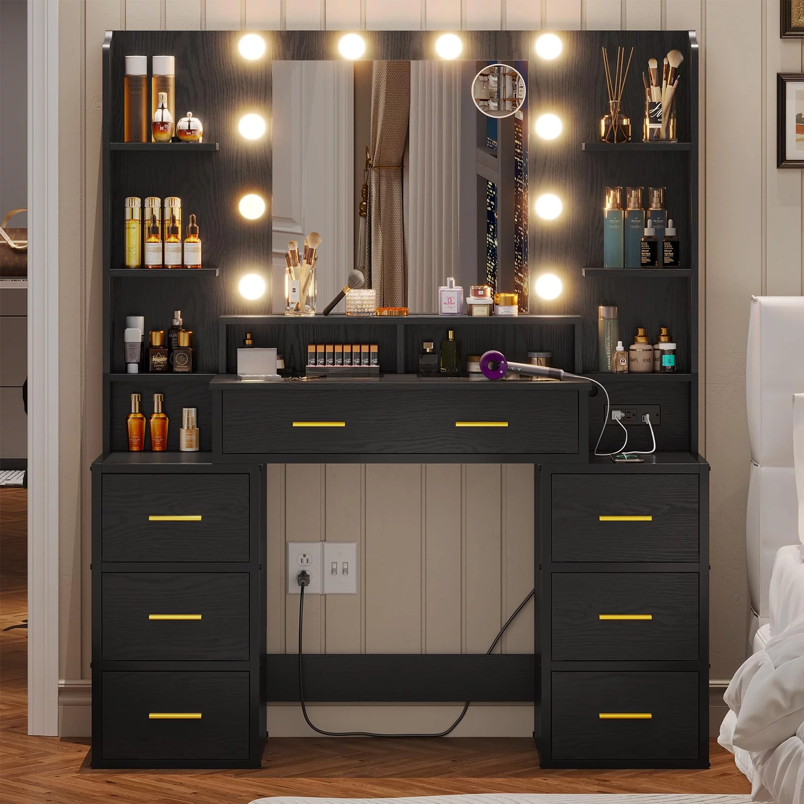 Afuhokles Glass Top Vanity Desk with Mirror and Lights, Makeup Vanity with Lights, Charging Station, 8 Drawers, Acrylic Dividers and Shelves, Black