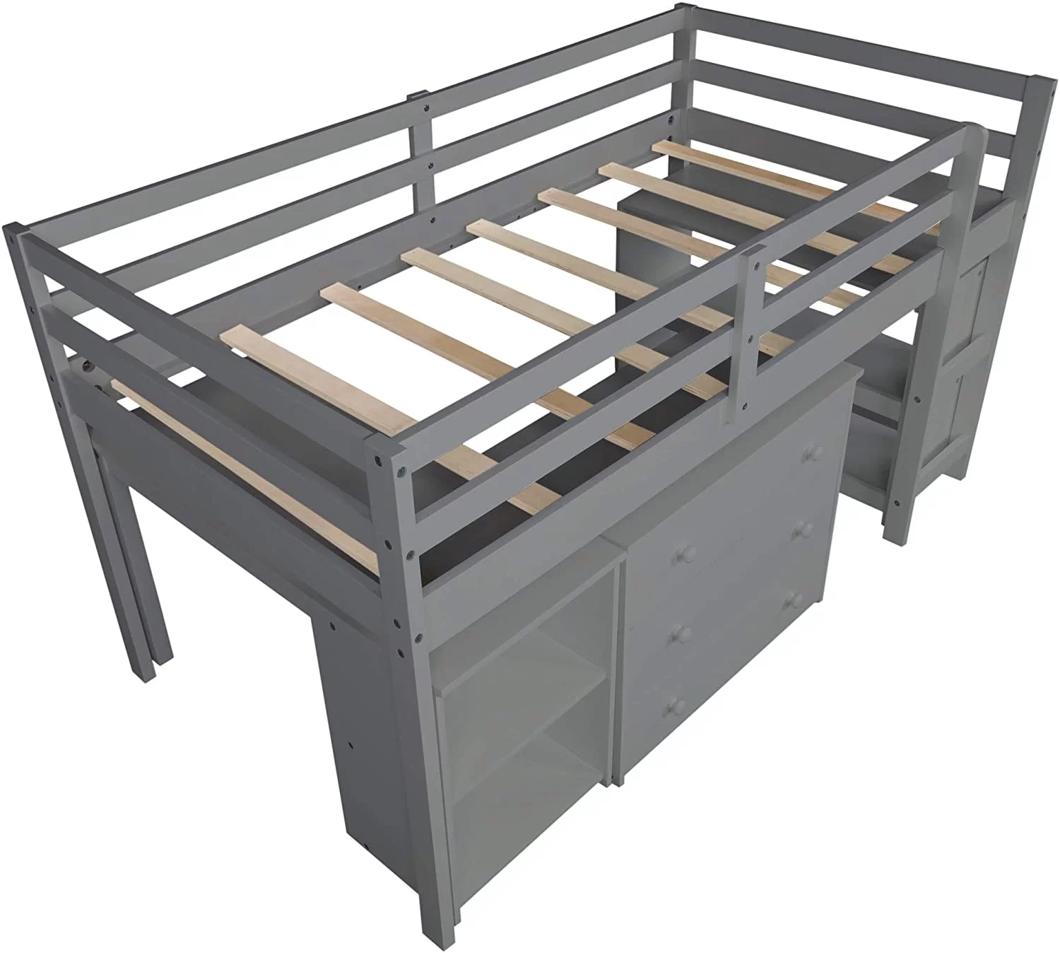 CHURANTY Solid Wood Twin Low Loft Bed with Desk and Storage Drawers Cabinet Rolling Portable Desk