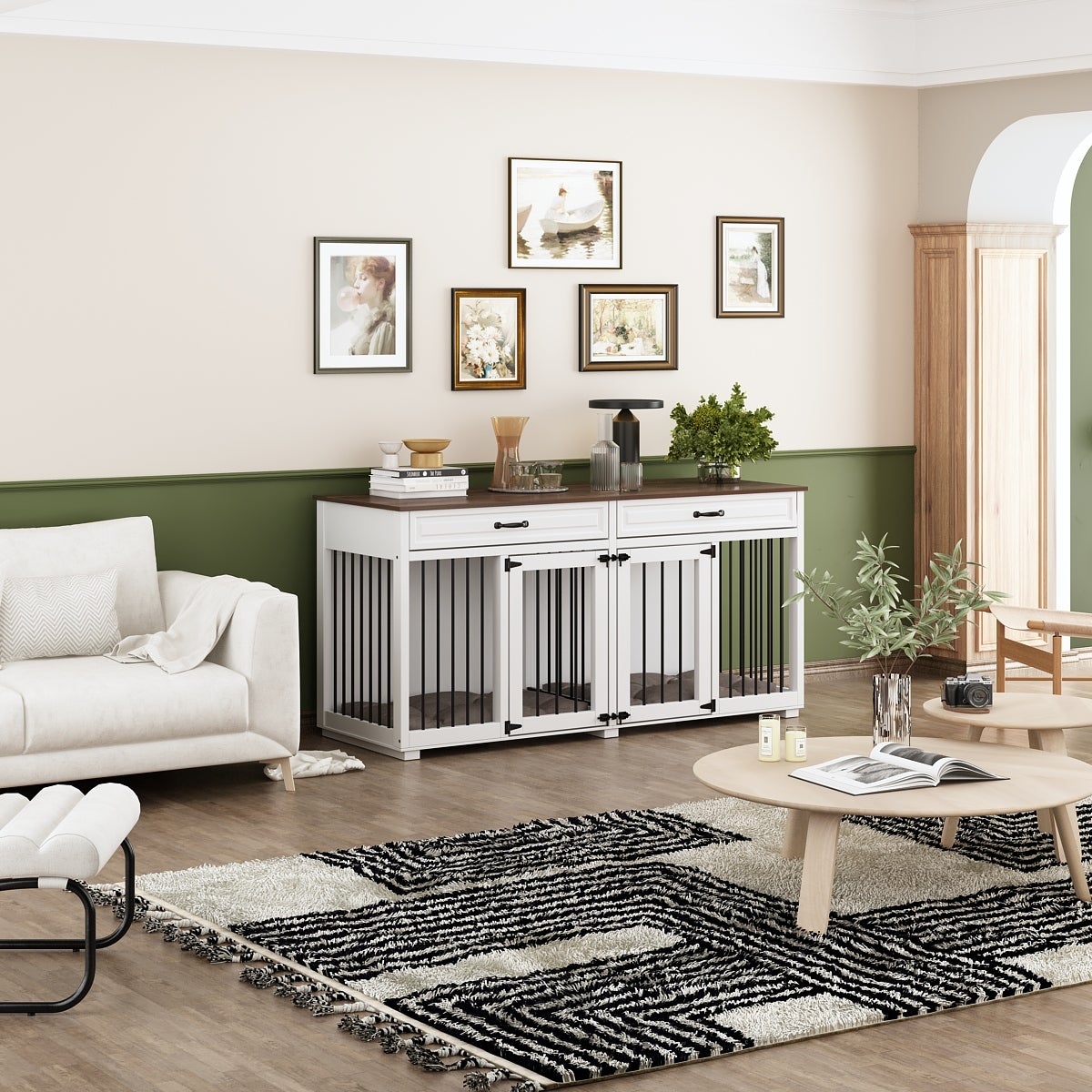 Wooden Double Dog Crate Kennel Furniture with 2 Drawers & Divider White