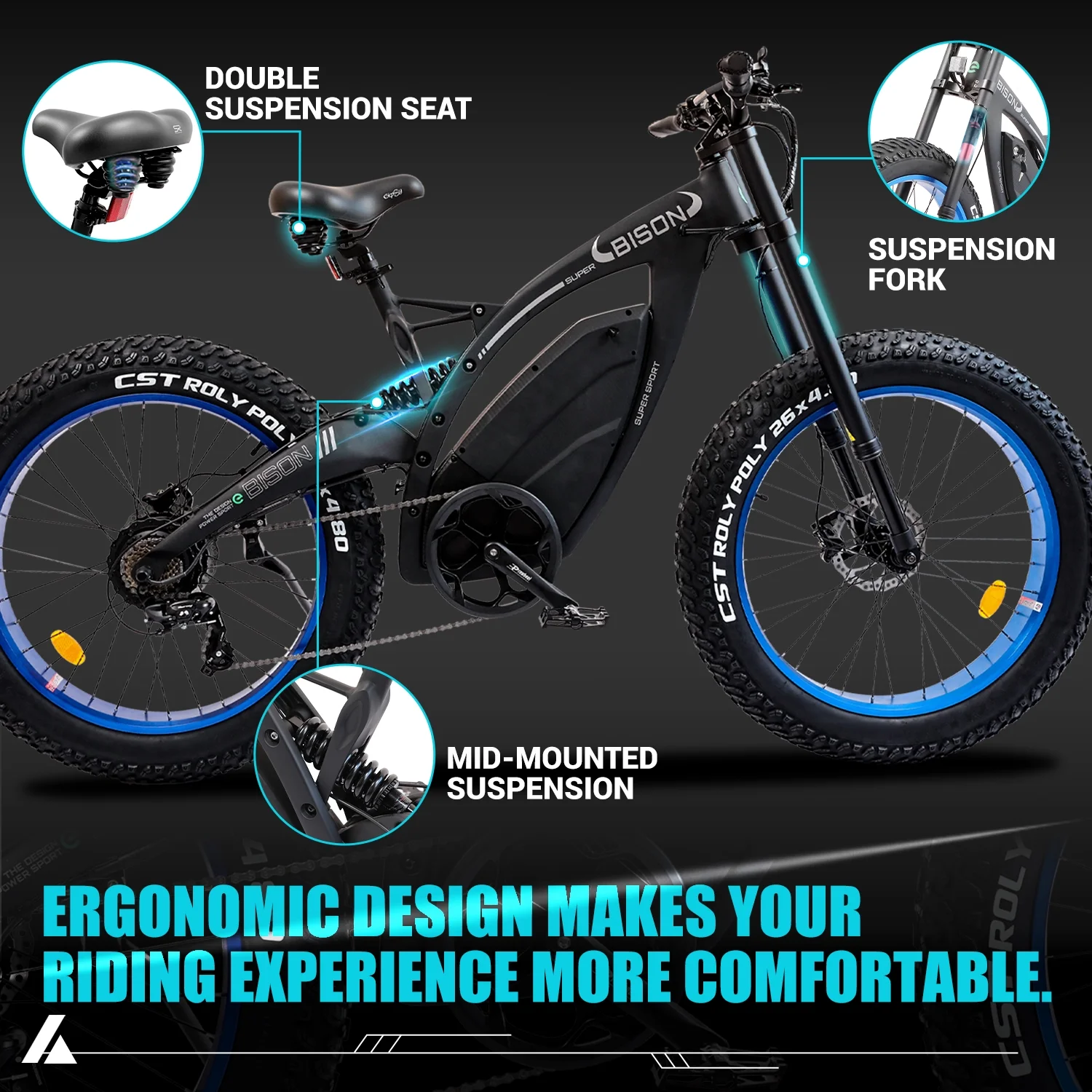 Ecotric 750 W Electric MTB Bike 18 Ah 48 V Battery 26 x 4.8 In. Fat Tire Full Suspension Fork Aluminum Frame Men's Mountain Bike Beach E-Bike Snow Bicycle for Adults A-E516646