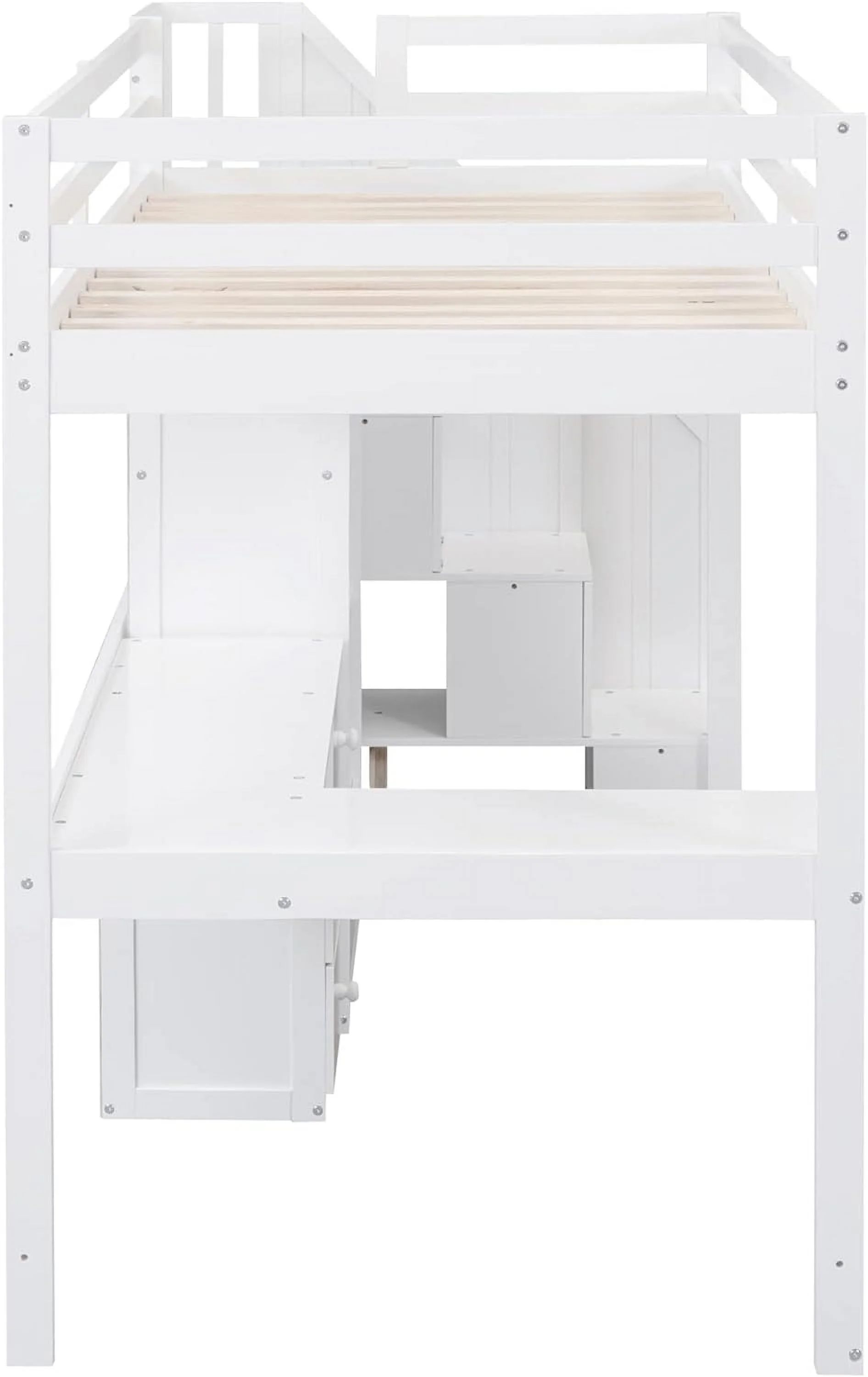 Size Loft Bed With Stairs Ad L-Shaped Desk, Wood Loft Bed With Storage Drawers Ad Cabiet, Loft Bed With Guardrails For Kids Girls Boys, White