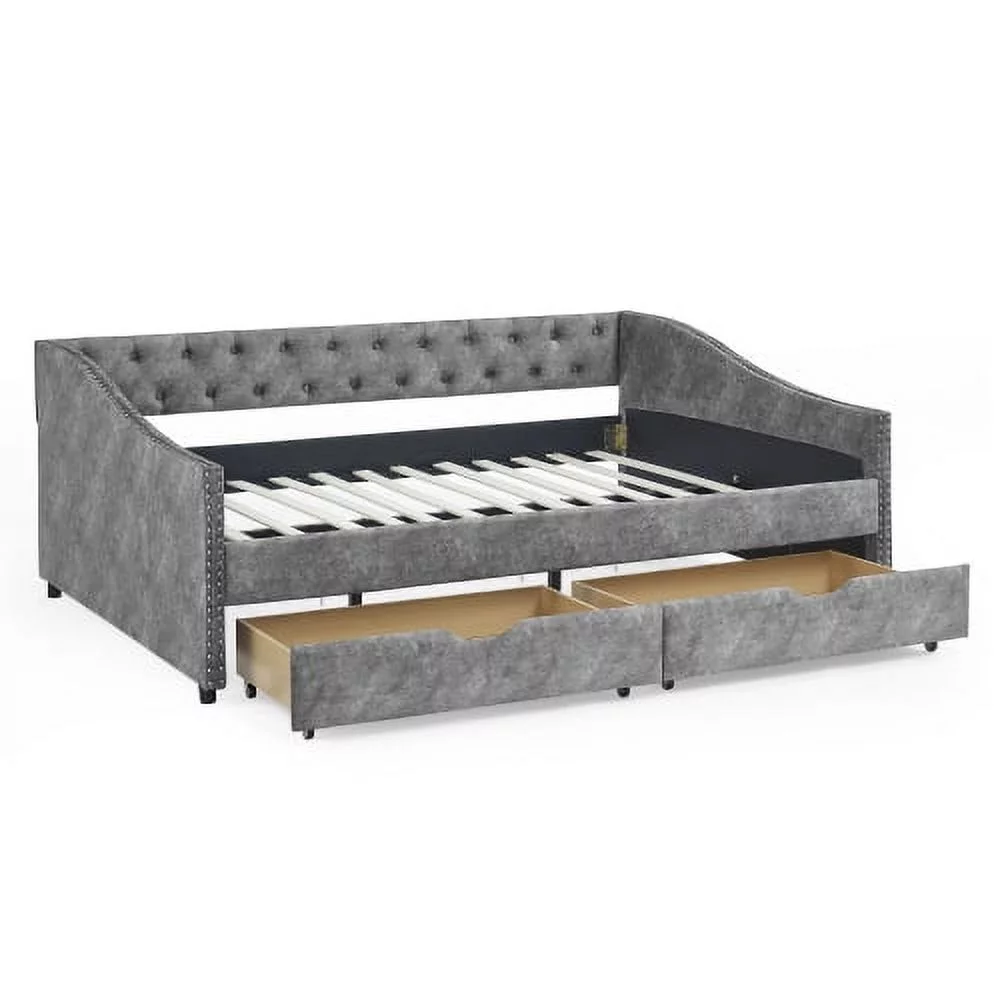 Motent Full Size Daybed with Drawers Upholstered Tufted Sofa Bed, with Button on Back and Copper Nail on Waved Shape Arms,Grey(80.5”x55.5”x27.5”)