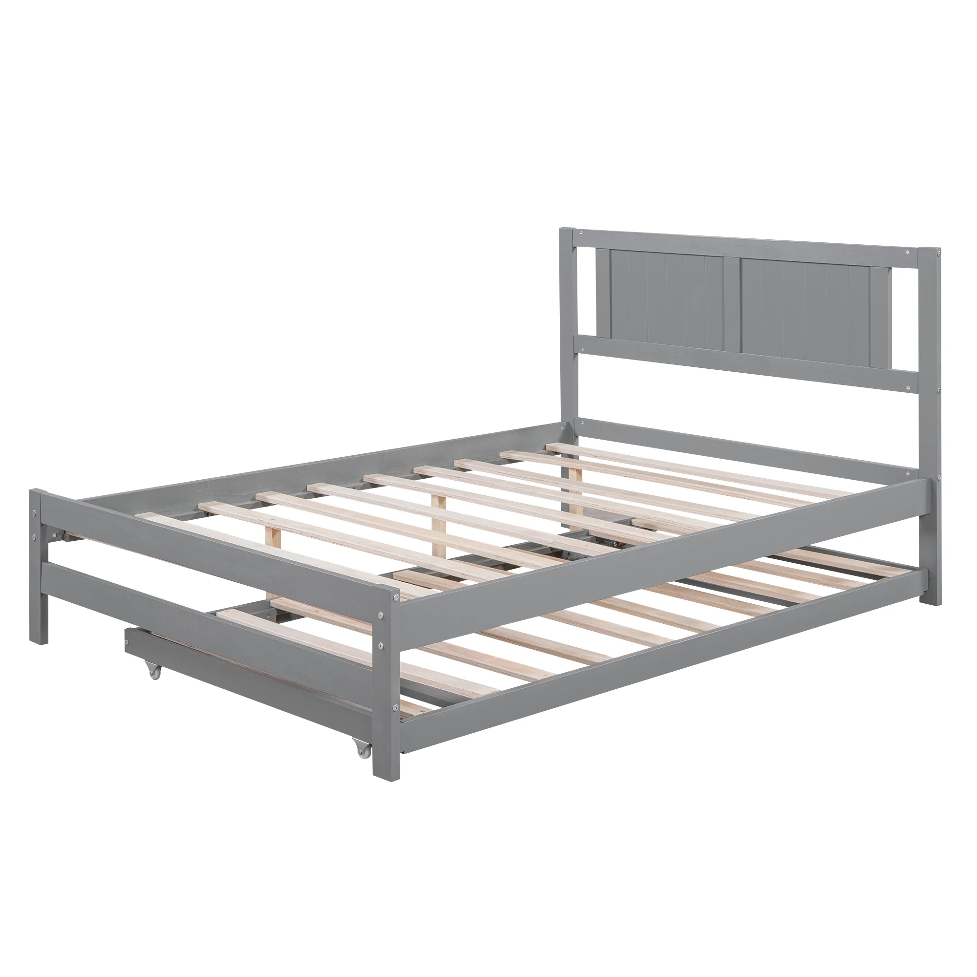 Euroco Wood Full Size Platform Bed with Trundle Frame Set, Wooden Bed Frame with Convertible Trundle Bed for Kids Teens Adulst, Gray