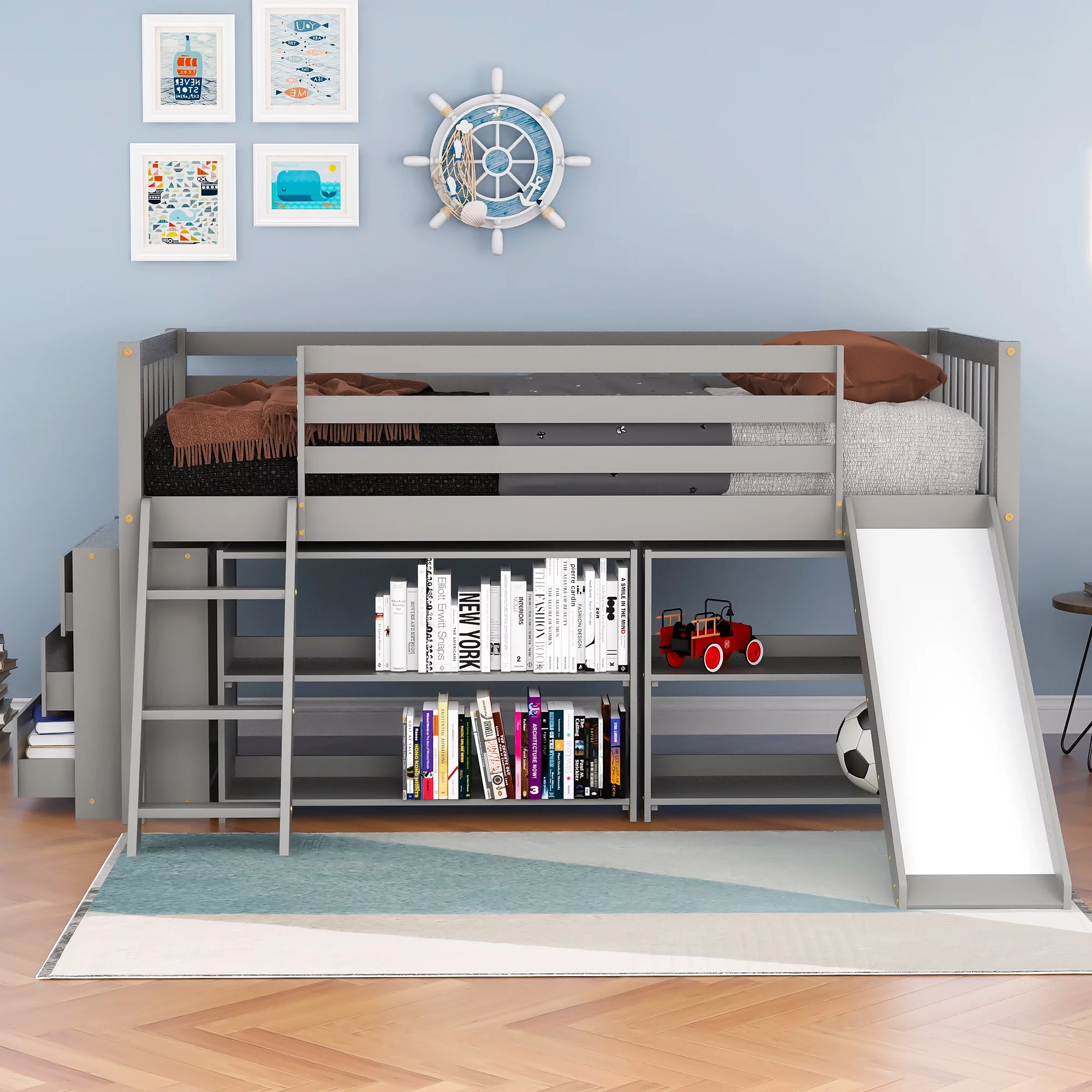 Euroco Wood Twin Size Low Loft Bed with Bookcase, Drawers, Ladder and Slide, Gray