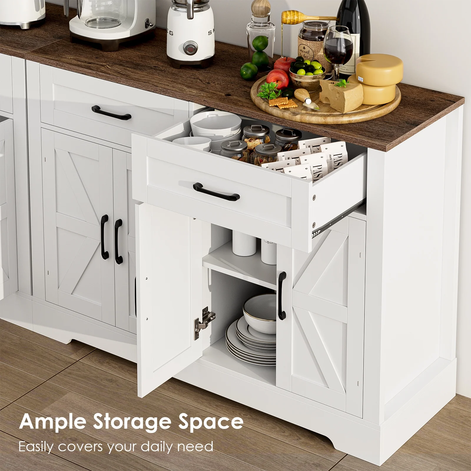 Homfa Farmhouse Buffet Sideboard, 2 Drawers & 4 Doors Shelf Space Wood Storage Cabinet Credenza for Kitchen Living Room, White