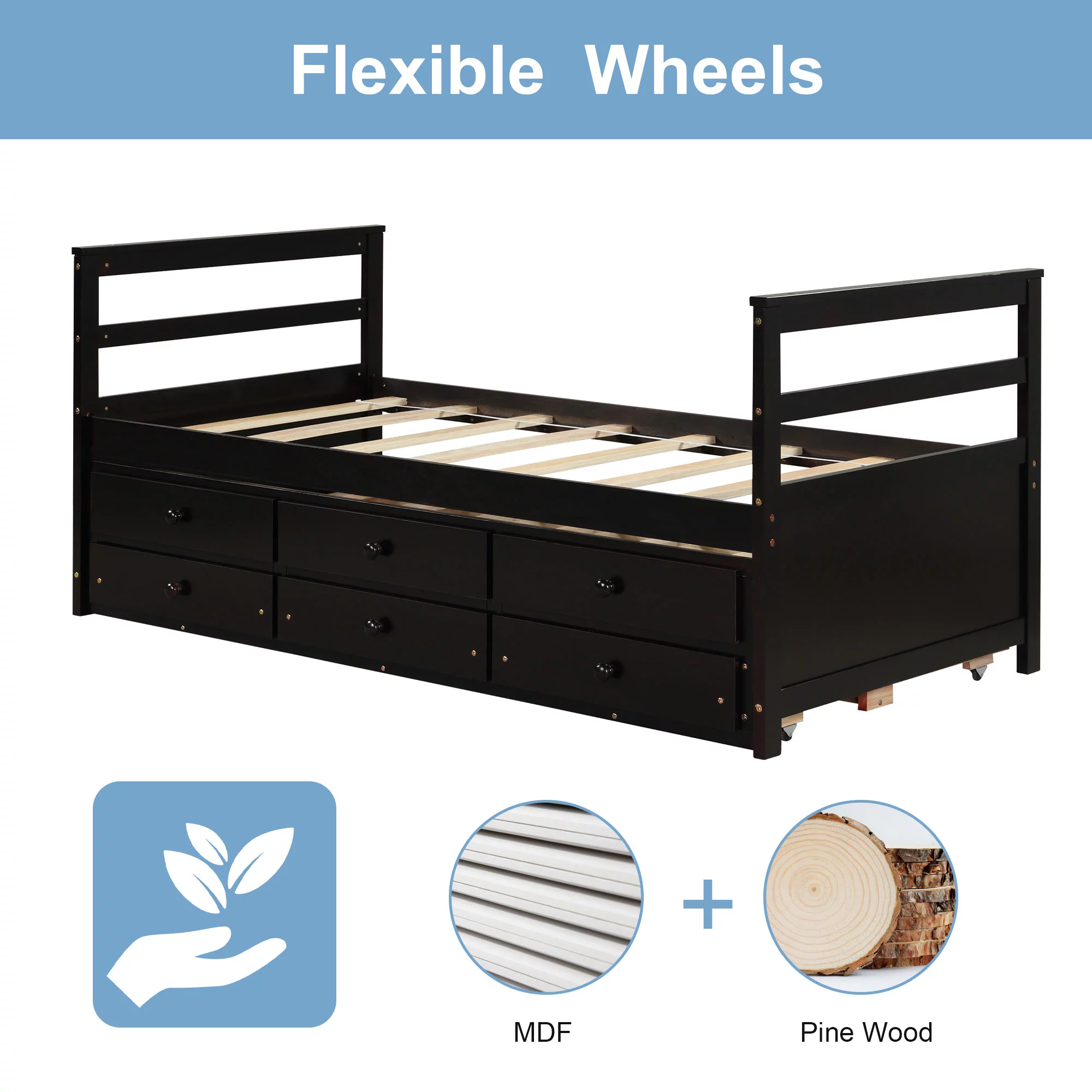 Superjoe Twin Trundle Bed with 3 Drawers Captain Bed Daybed, Wood Frame with Storage, Great for Kids Teens Guests, Brown