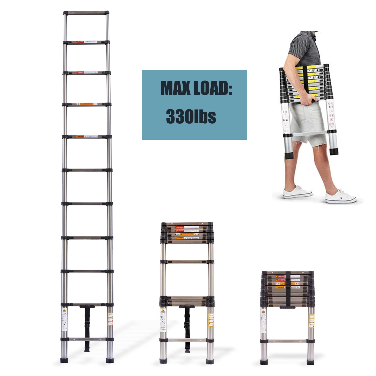 10.5ft Telescoping Ladder Stainless Steel Construction Portable Folding Extension Ladder for Home Office RV Attic Building Maintenance, 330lbs Load Capacity, EN131 Standard, with Slip-Proof Feet