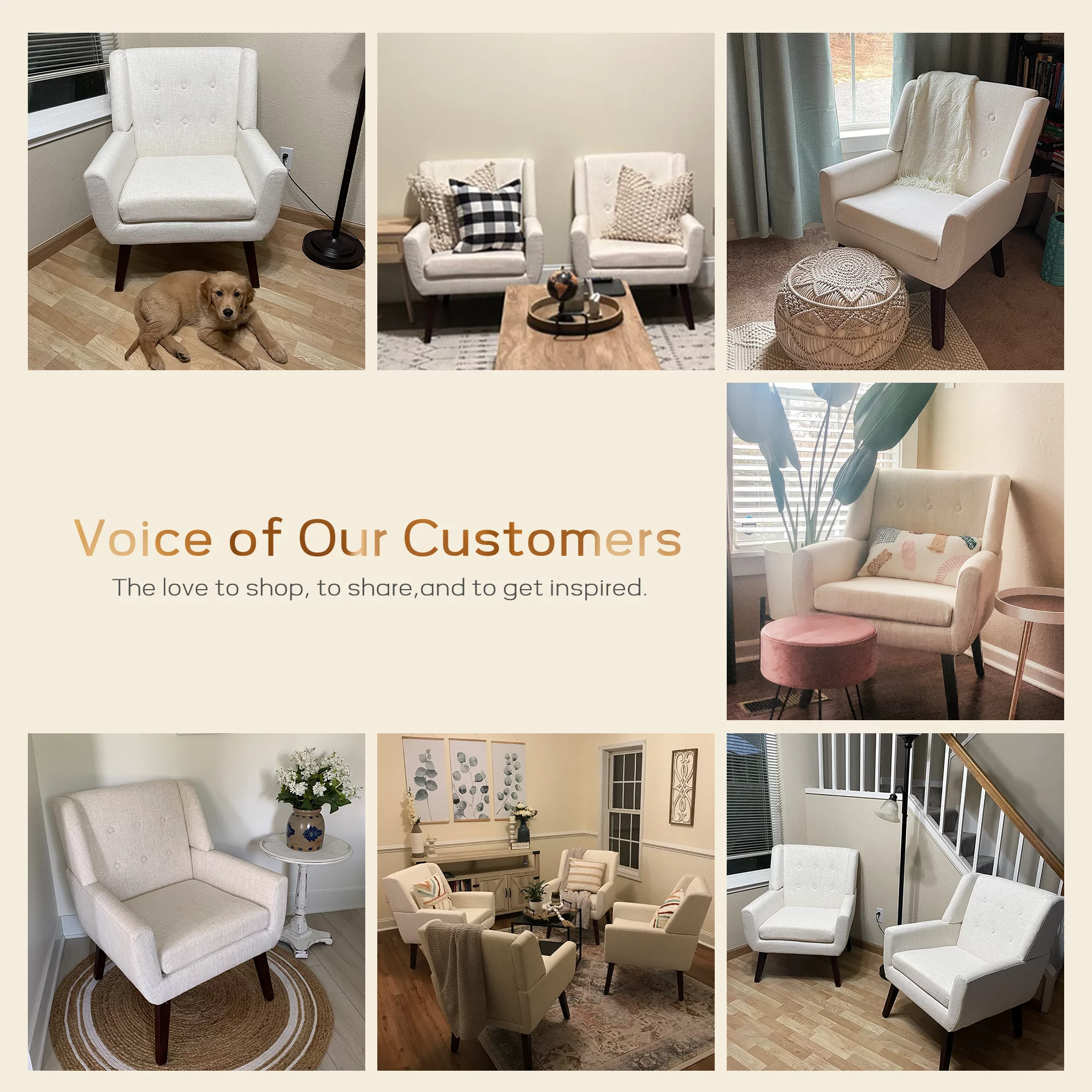 HUIMO  Accent Chair, Button-Tufted Upholstered  Living Room Chairs,  Mid Century Modern Comfy Reading Chairs for Bedroom, Living Room, Beige