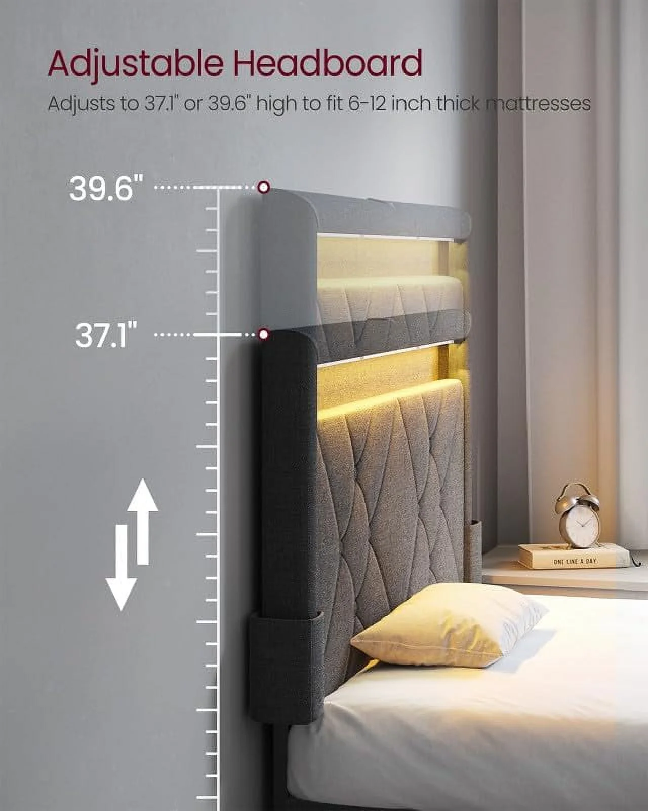 VASAGLE Twin Size LED Bed Frame with Headboard and 4 Drawers Storage Adjustable Upholstered Headboard 1 USB Port and 1 Type C PortNo Box Spring Needed Dark Grey