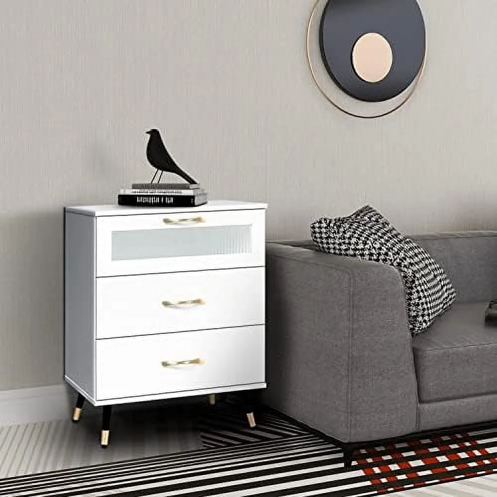 HBBOOMLIFE White Nightstand Modern 3 Drawer Nightstands  Bedroom Dresser Accent Bedside Cabinet End Side Table Modern Night Stand Perfect for Bedroom Living Room Accessories White (White