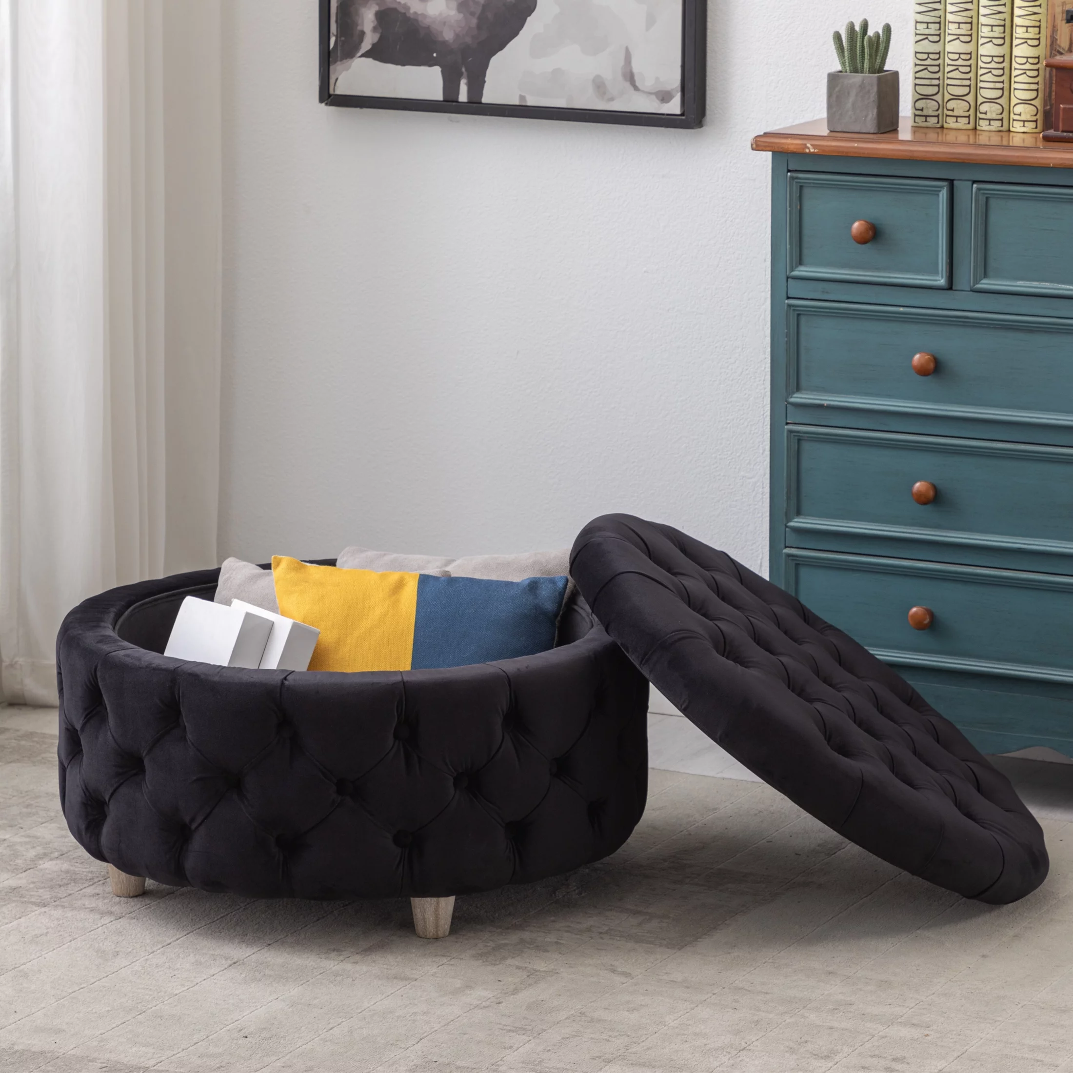 Wordford Round Velvet Tufted Storage Ottoman, Velvet Black