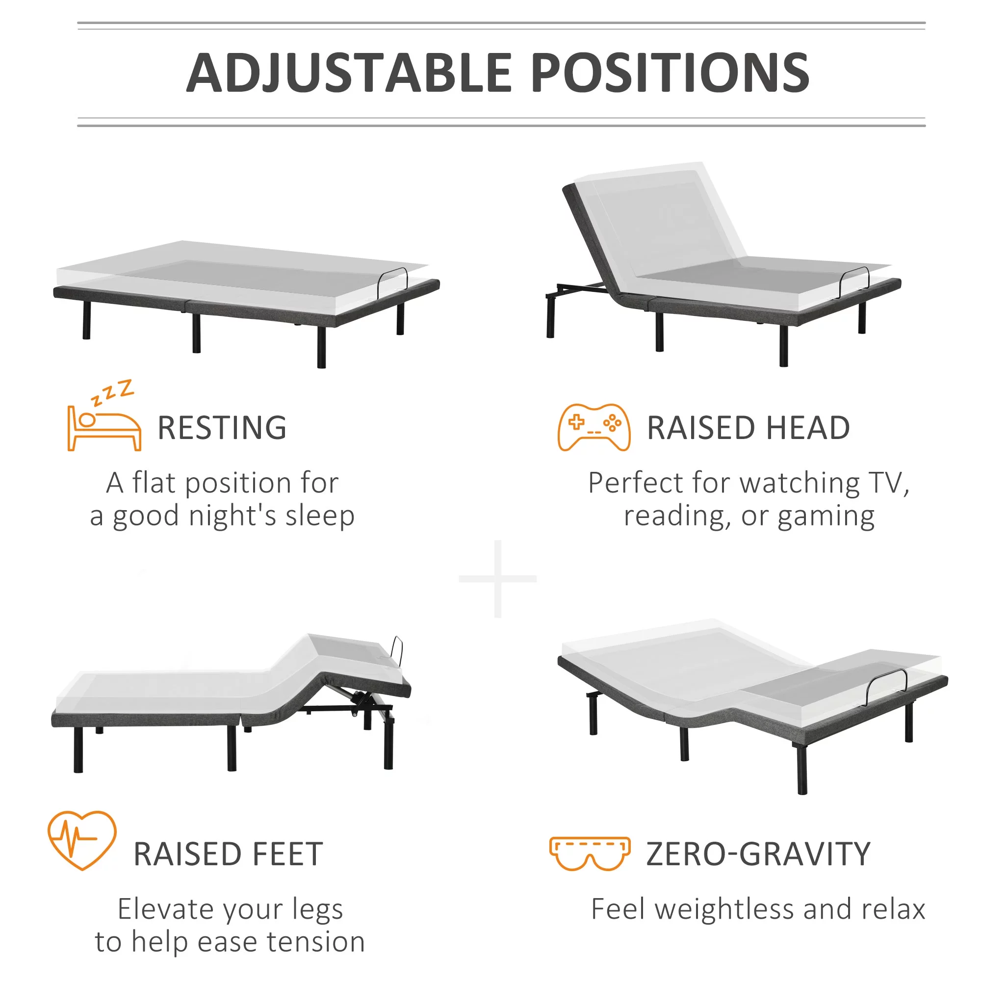 HOMCOM Queen Adjustable Bed Frame, Ergonomic Zero Gravity Power Bed Base with Head and Foot Incline, Memory, and Wireless Remote, Grey