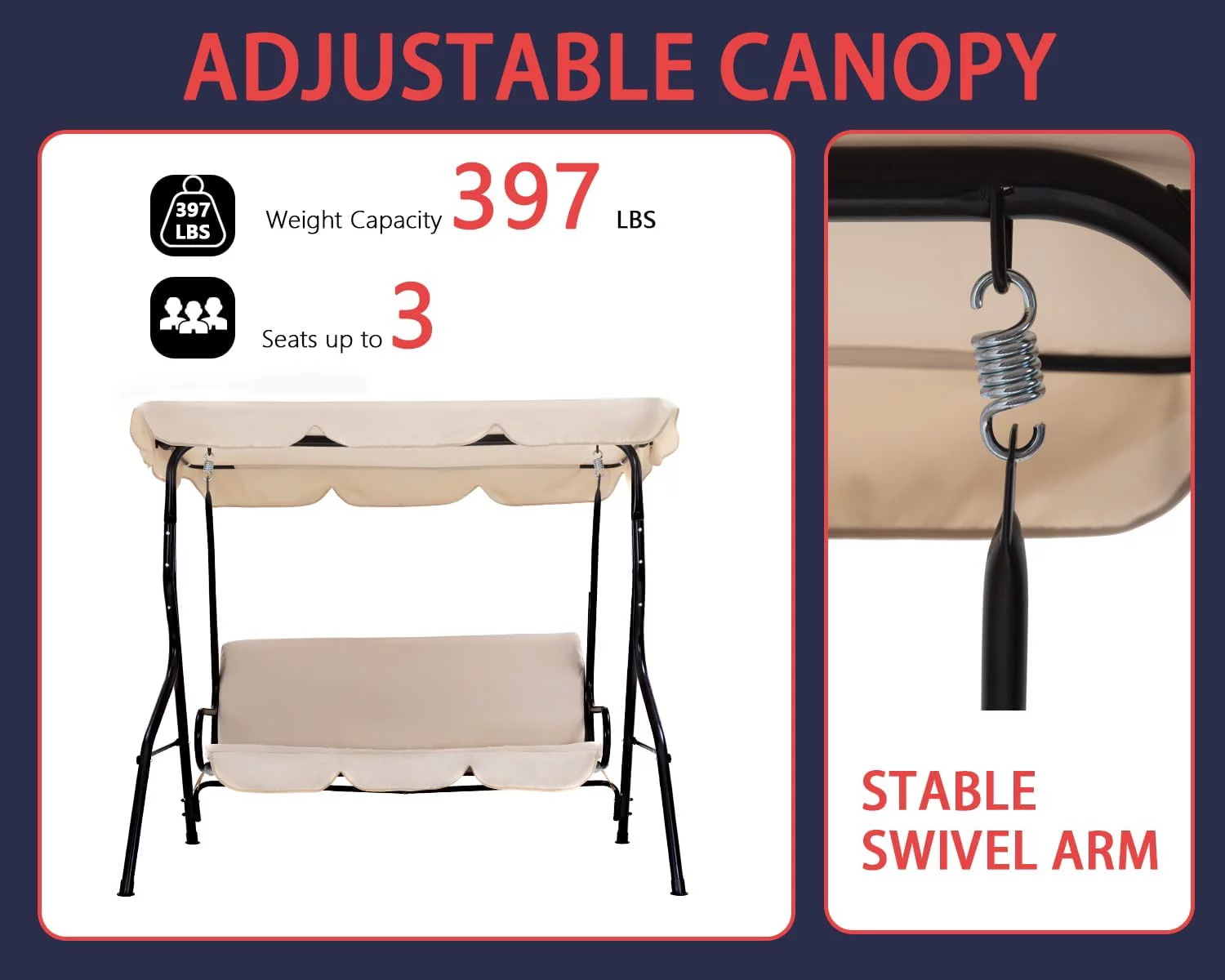 FDW New Canopy Porch Swing Glider Hammock Chair,Beige