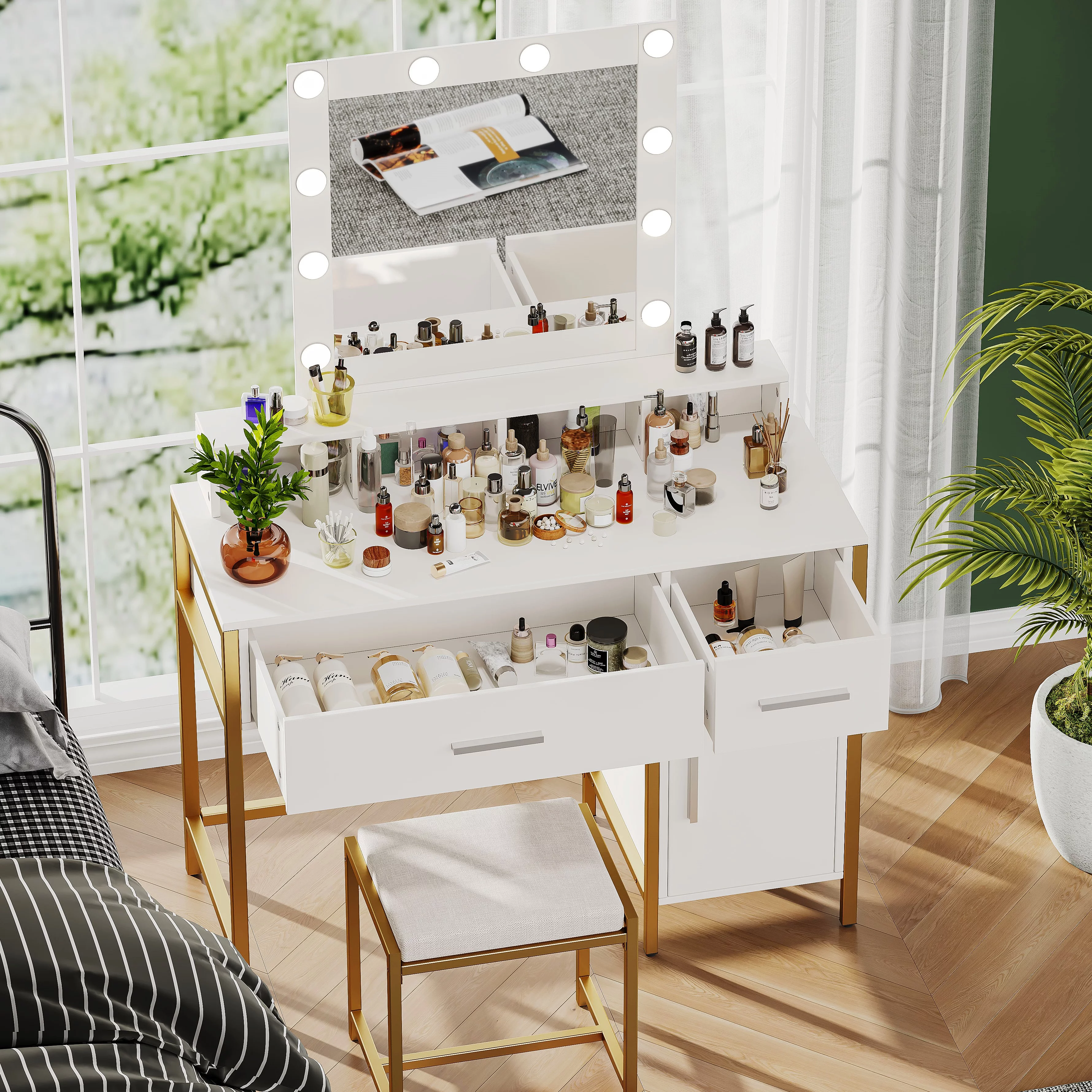 Reettic Vanity Table Set with Lighted Mirror, Makeup Vanity Desk with Storage Cabinet and Drawers, Cushioned Stool, Adjustable Brightness, White RSZT201W
