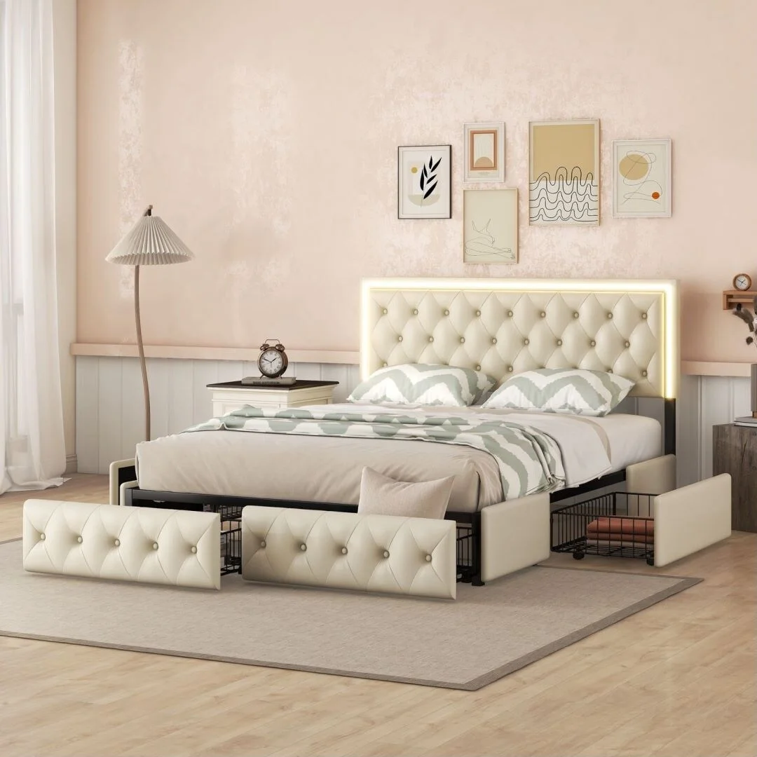 PU Leather Queen Bed Frame with 4 Storage Drawers and LED Headboard Beige