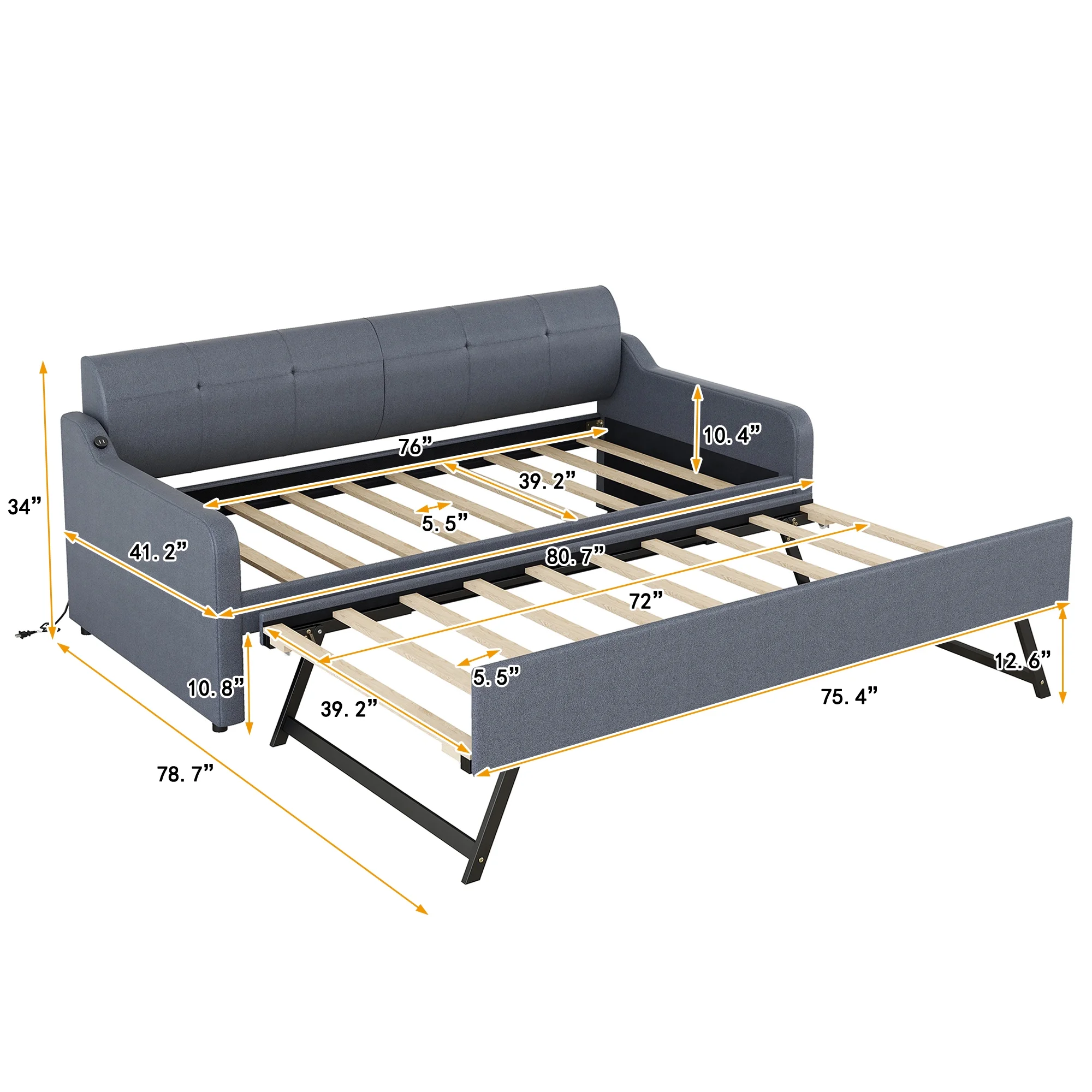 EUROCO Twin Size Upholstery DayBed with Convertible Trundle and USB Charging Station, Gray