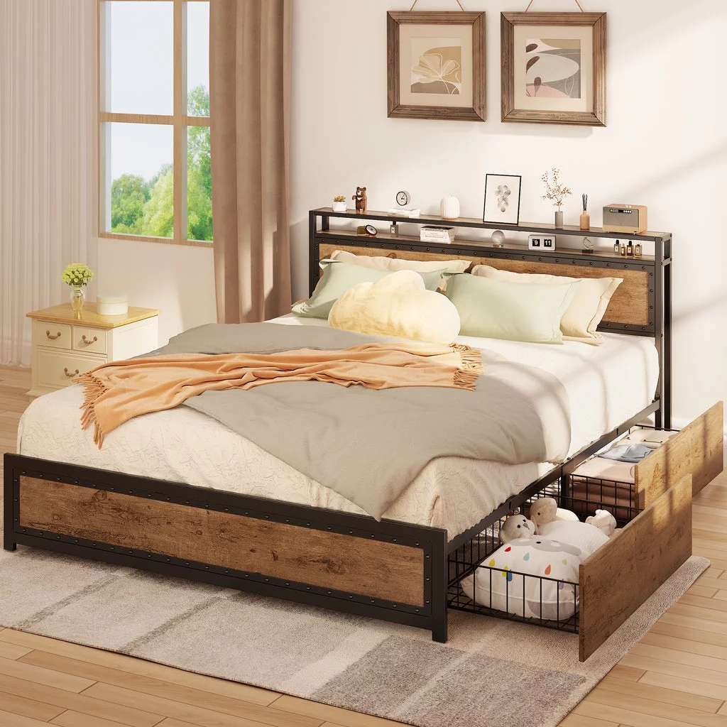 Aiho Queen Size Metal Bed Frame with Drawers and Headboard for Bedroom - Brown