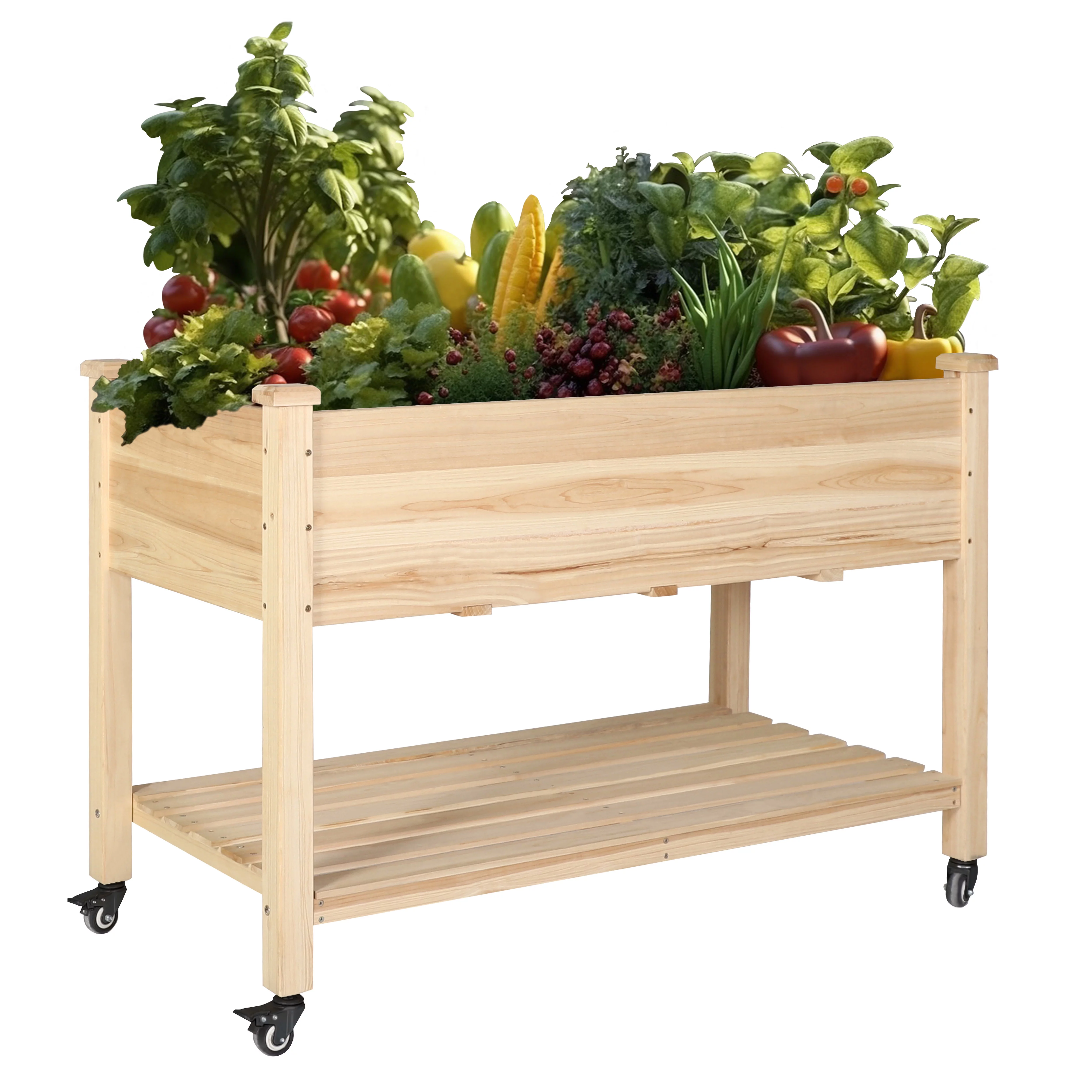 VEIKOUS Raised Garden Bed, 47''L x 22''W x 33''H Elevated Wood Planter W/ Wheels and Storage Shelf for Herbs and Vegetables