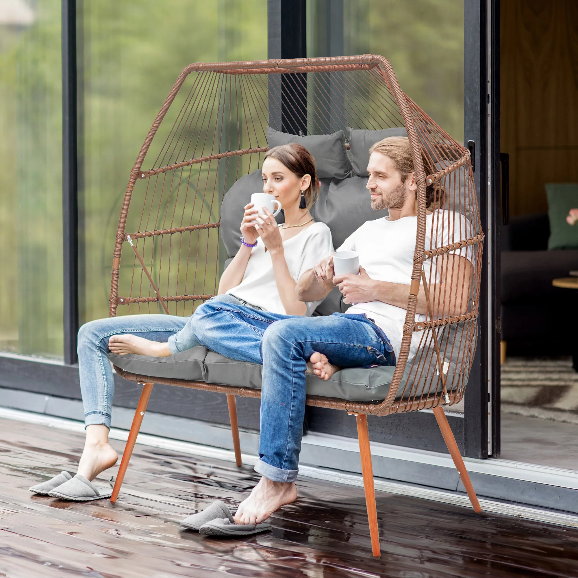 Dextrus Double Egg Chair with Legs 2 Person Wicker Egg Chair Indoor Outdoor Patio Egg Chair with Cushions 510lbs for Patio, Bedroom, Garden and Balcony, Gray