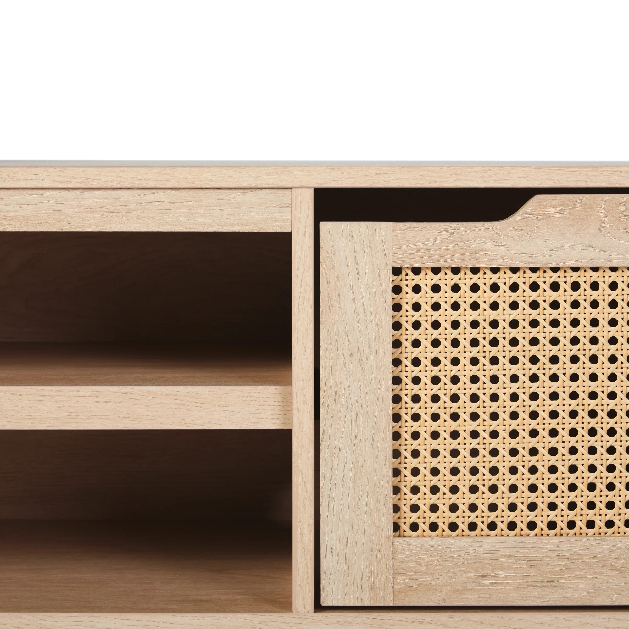 Walker Edison Boho 2-Door Rattan TV Stand for TVs up to 80”, Coastal Oak