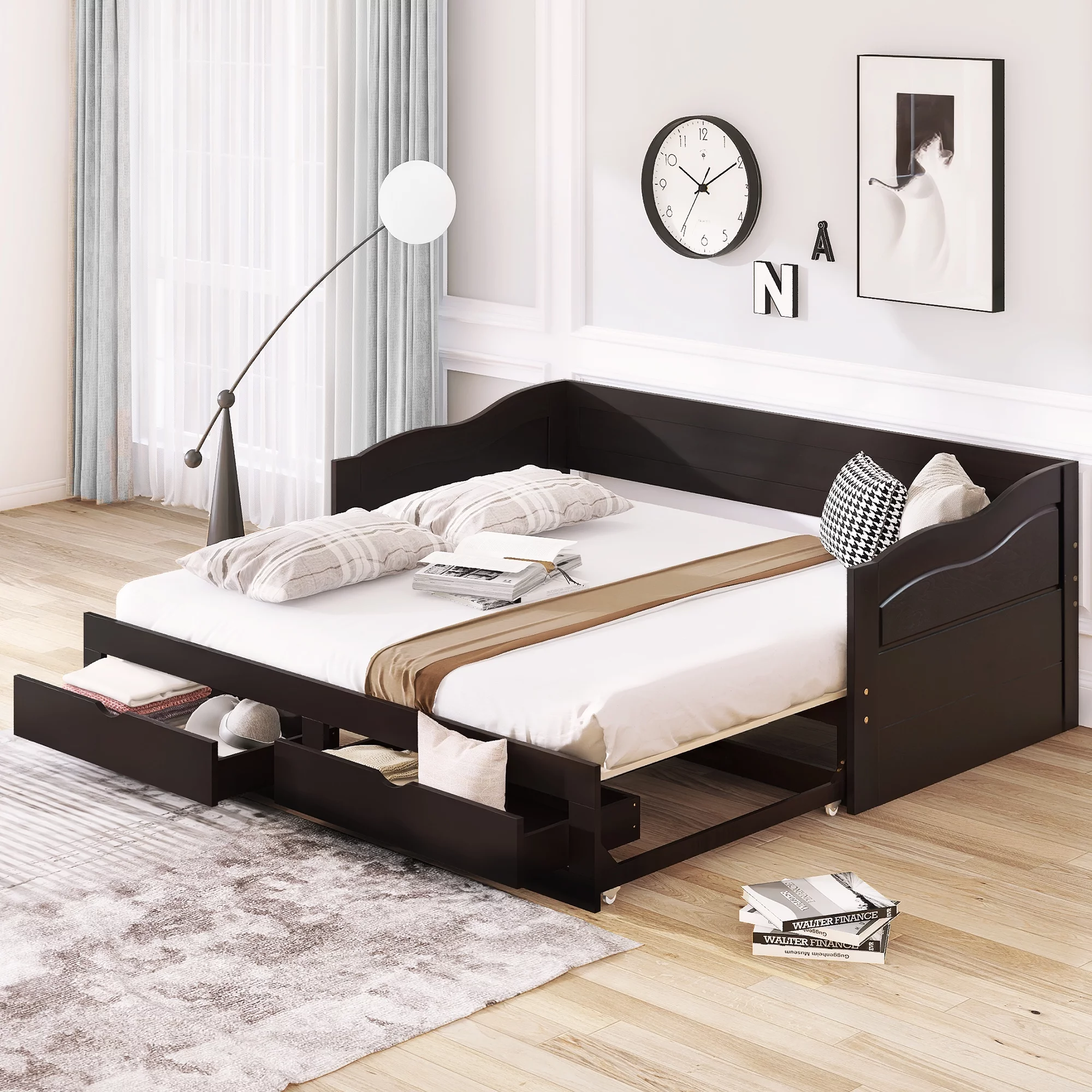 Twin Wooden Daybed Frame with Trundle and Two Storage Drawers, Bedroom Furniture with Trundle, Extendable Bed Platform Beds