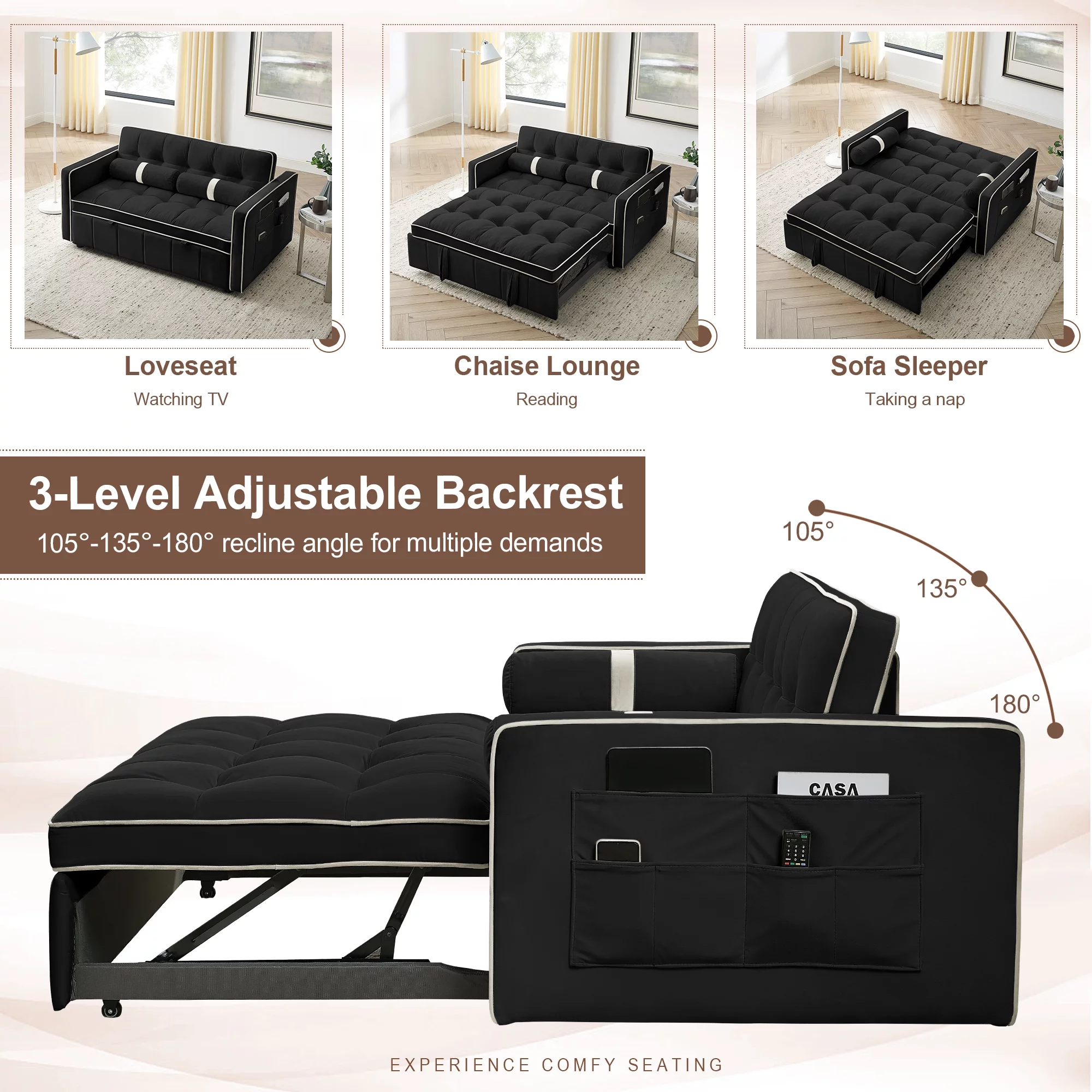 KINFFICT Futon Sofa Bed, Convertible Sleeper Sofa Bed with Pull Out Couch, Modern Velvet Loveseat Sleeper, Small Couch for Living Room, Black