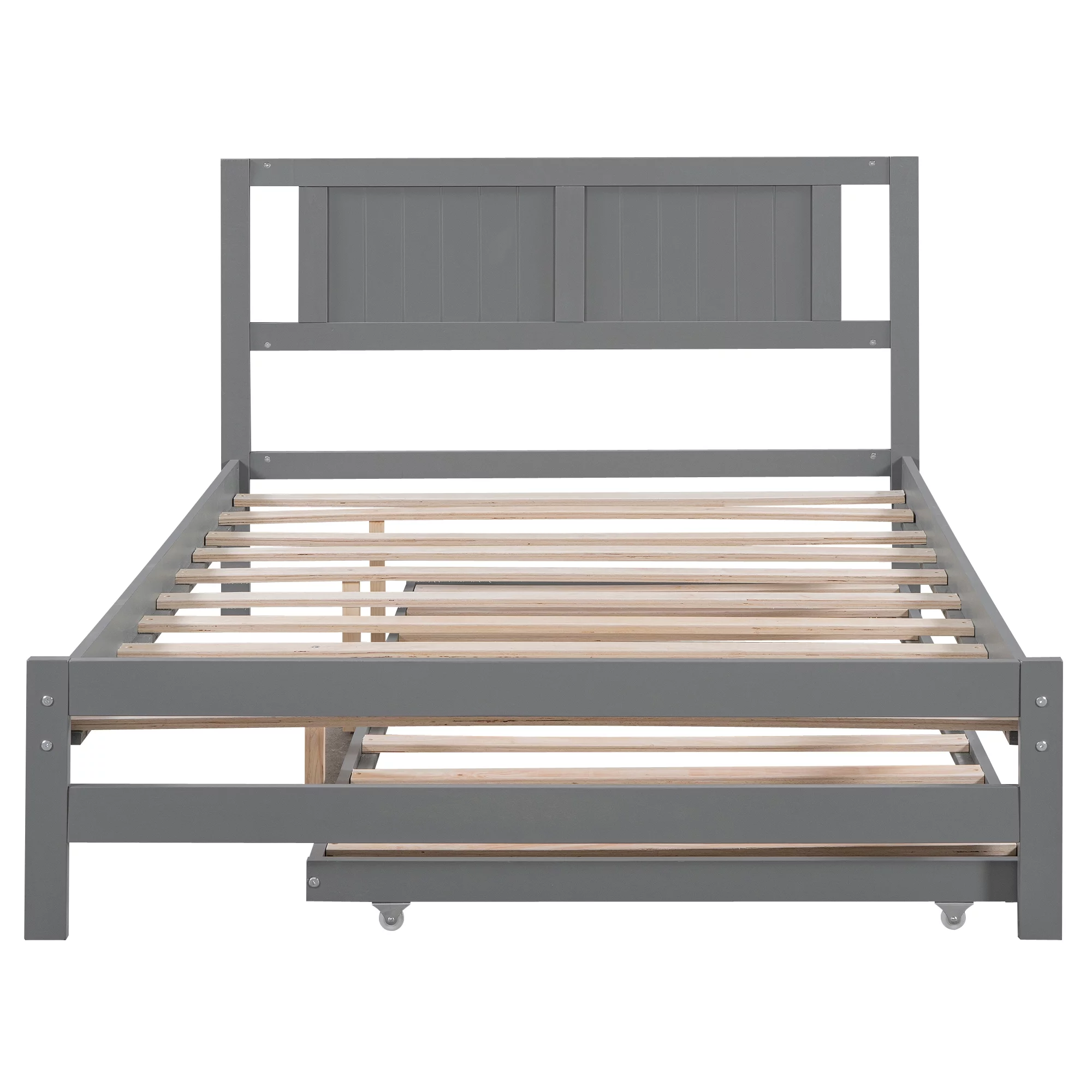 Euroco Wood Full Size Platform Bed with Trundle Frame Set, Wooden Bed Frame with Convertible Trundle Bed for Kids Teens Adulst, Gray