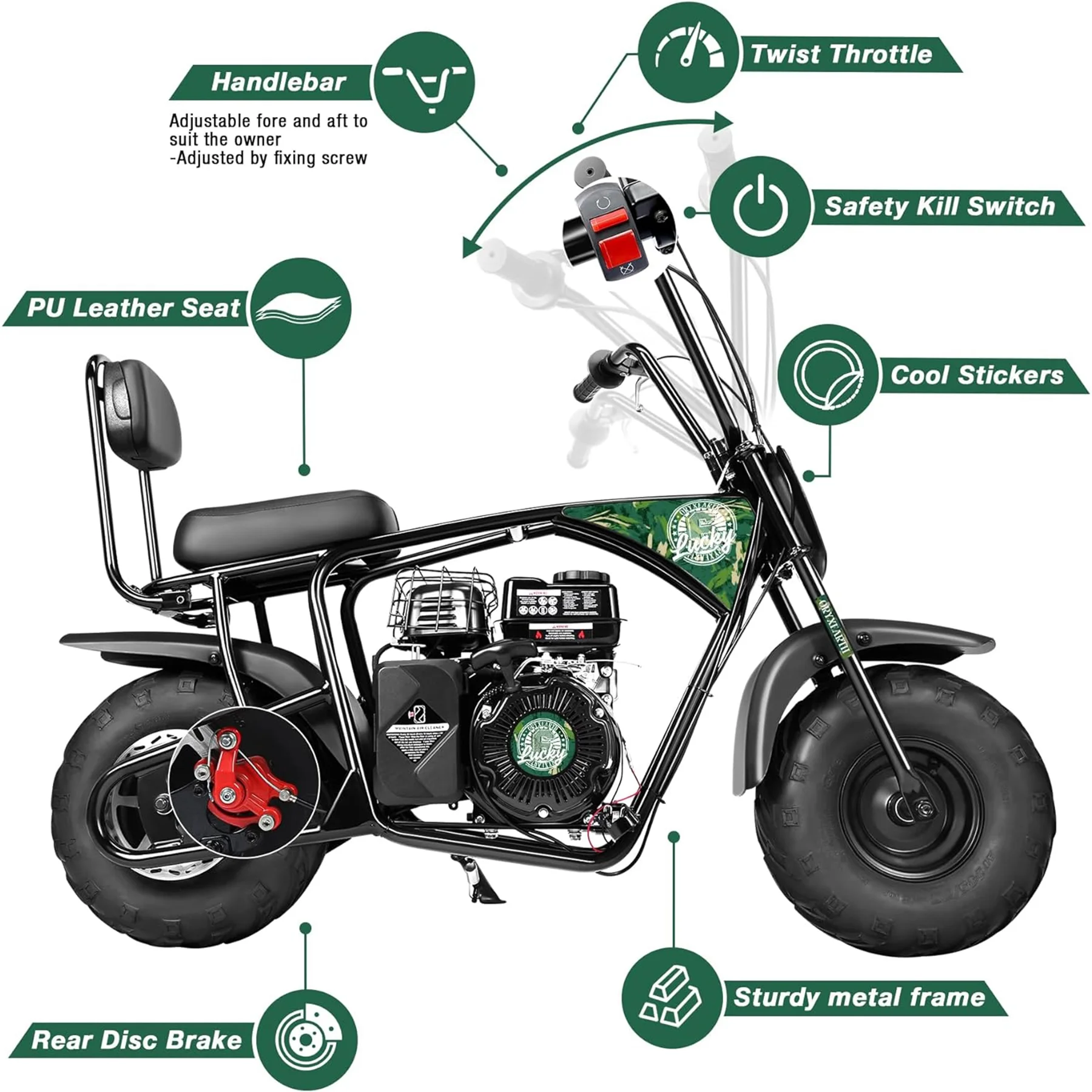 Oryxearth Mini Bike for Kids Motorcycle, Gas Power Dirt Bike,98CC 4-Stroke Ride on Toys, Green