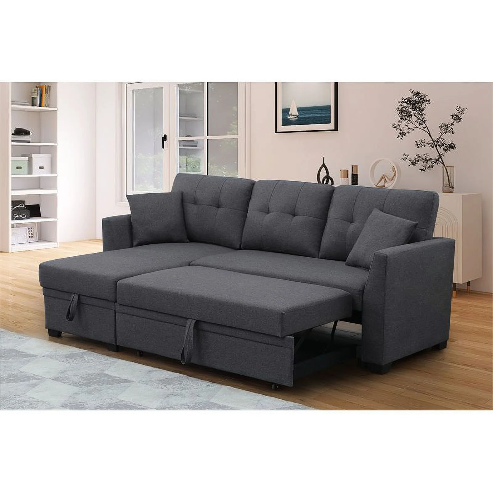 Alexent 3-Seat Modern Fabric Sleeper Sectional Sofa with Storage in Dark Gray