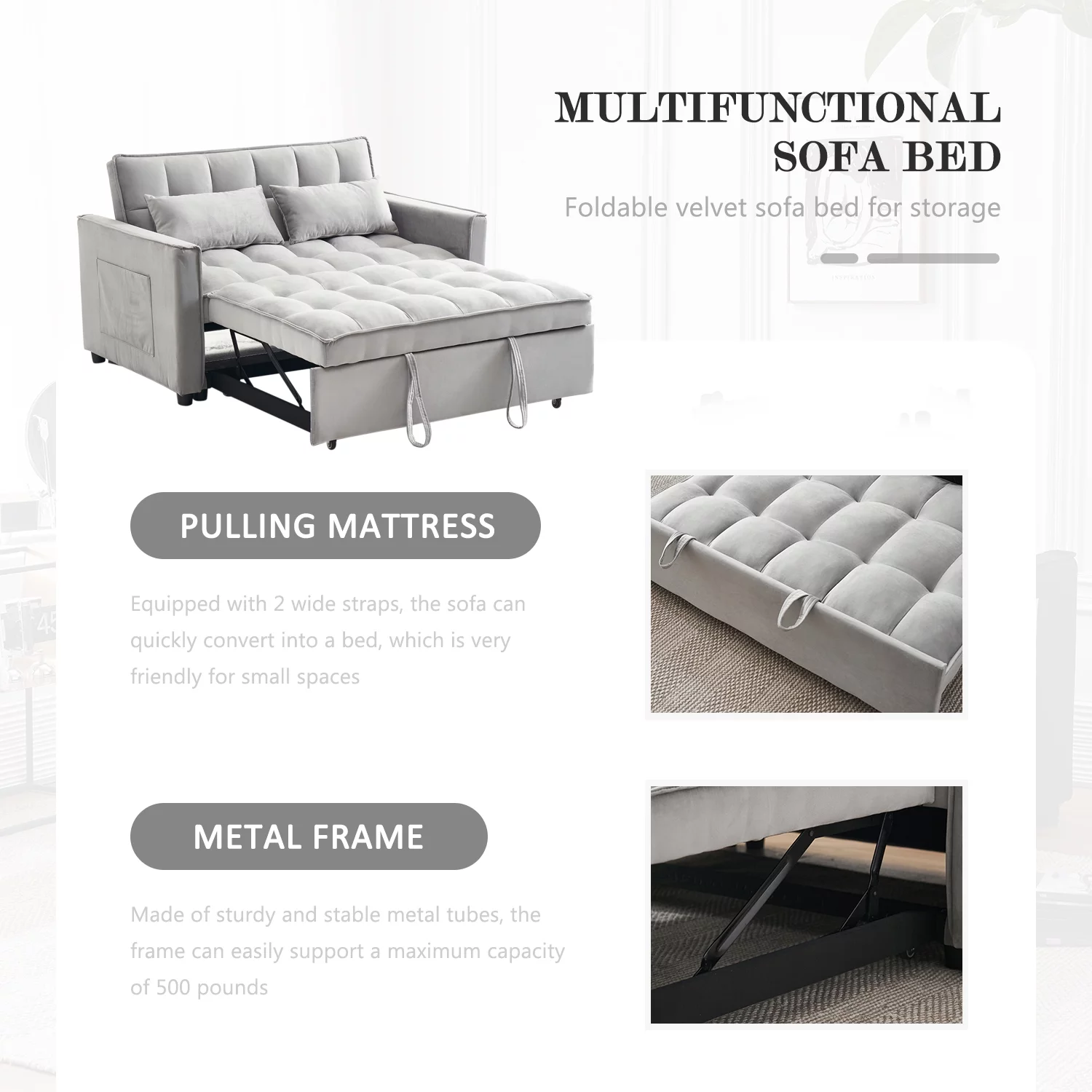 Tzicr 55.5'' 3-in-1 Convertible Sleeper Sofa Bed, Modern Velvet Loveseat Futon Couch Pullout Bed with Adjustable Backrest, Side Storage Pockets and Pillows. (Grey)