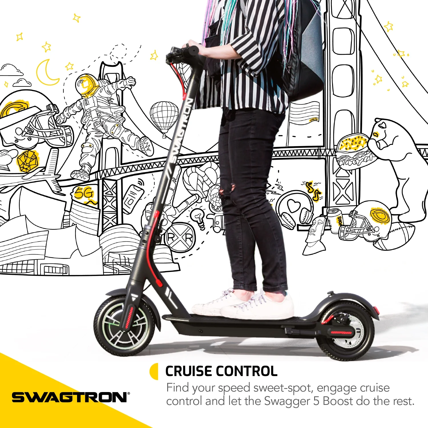 Swagtron Adult Electric Scooter Swagger 5 Boost, 320 lb Weight limit, 8.5 Inch No-flat Tires, 300W Motor, Folding, 18 mph, Enhanced Long Range (Recertified)