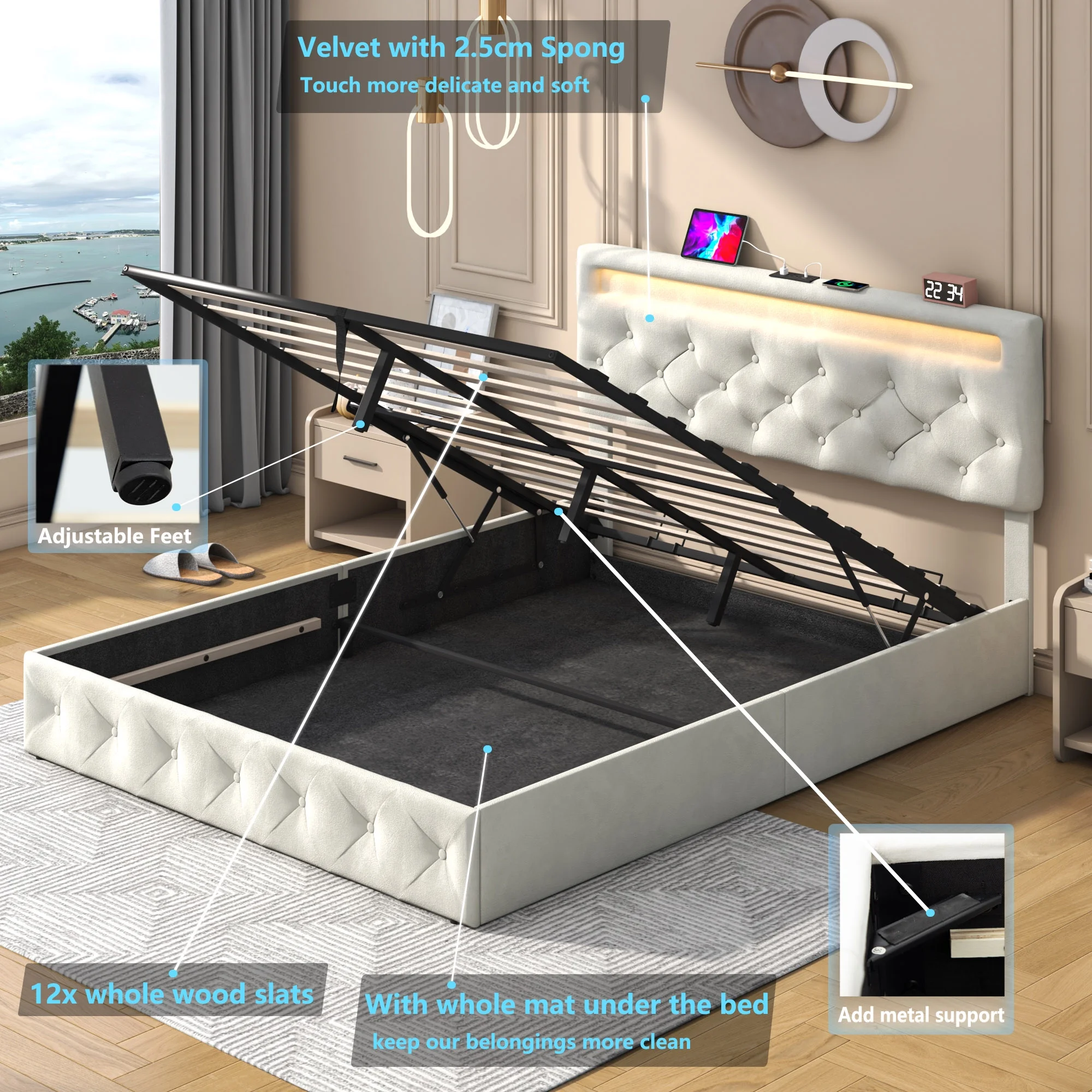 Queen Lift Up Storage Bed with LED Light & Power Station & Large Under Bed Storage, Velvet Upholstered Platform Bed Frame with Adjustable Headboard(Beige-Queen)