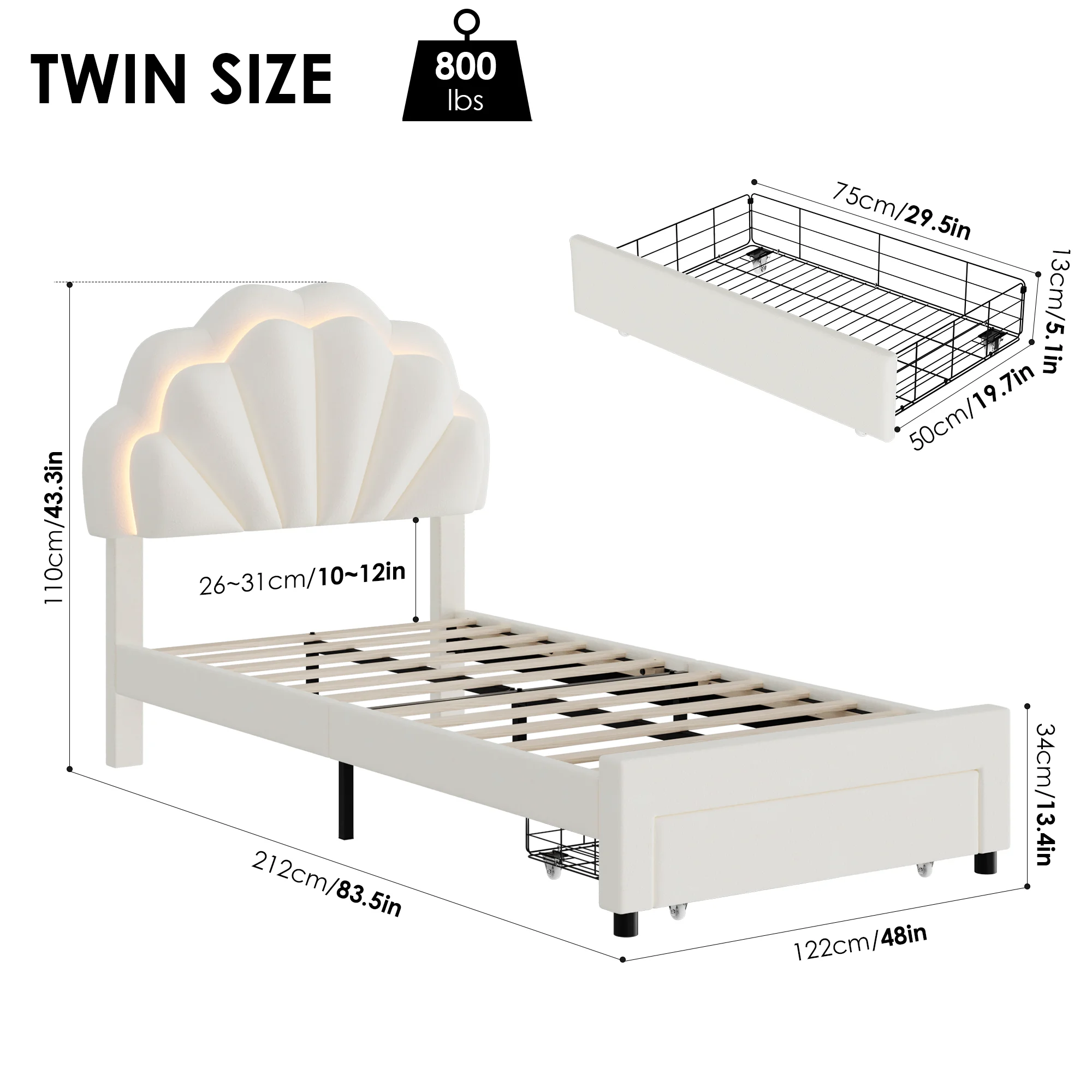 Homfa Twin Size LED Bed Frame with Drawer, Velvet Upholstered Platform Bed with Adjustable Petal Headboard for Kid, Beige