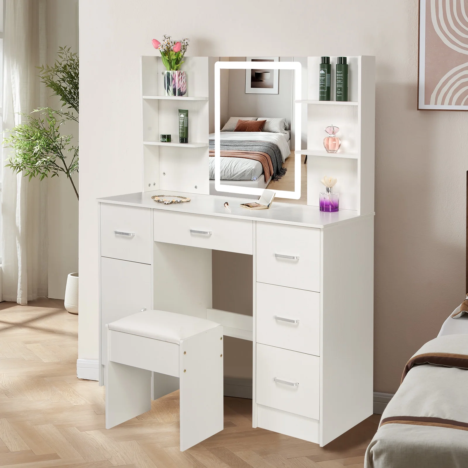 JBLCC Makeup Vanity with Mirror & LED Light, Modern Vanity Desk with 5 Drawers, Makeup Table w/ Stool, White