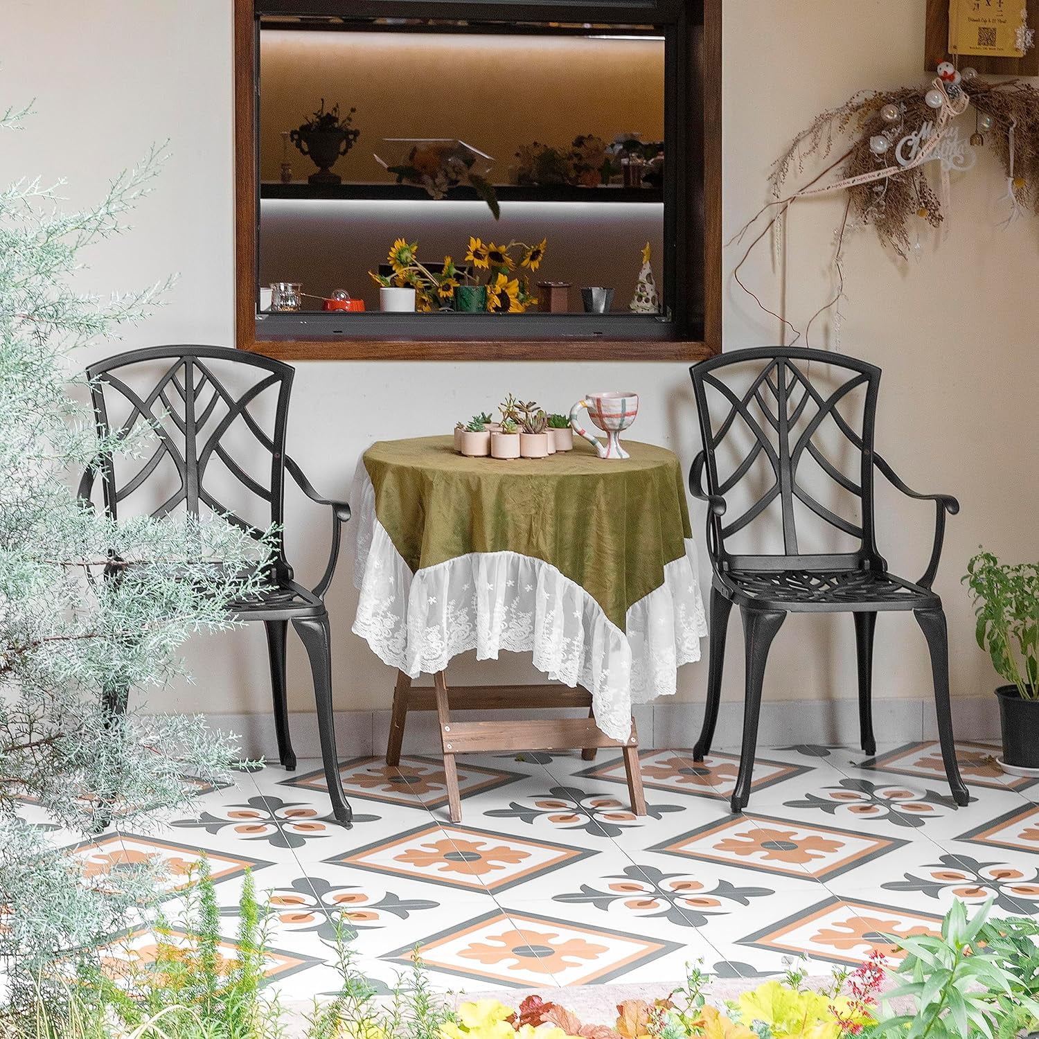 Patio Chairs Set of 2 Outdoor Dining Chairs, Cast Aluminum Stackable Patio Dining Chairs with Armrest for , Balcony, Backyard, Support 300 lbs, Black with Gold-Painted Edge