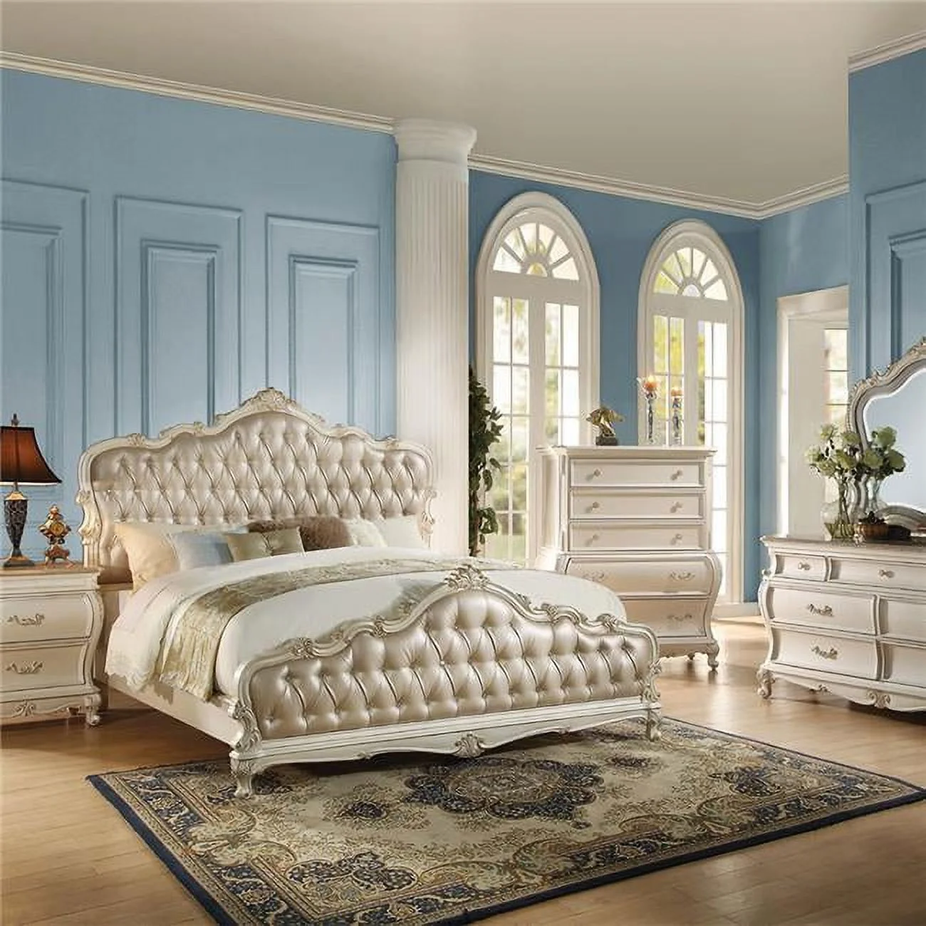 ACME Chantelle California King Size Bed - Rose Gold PU & Pearl White - 3 Piece