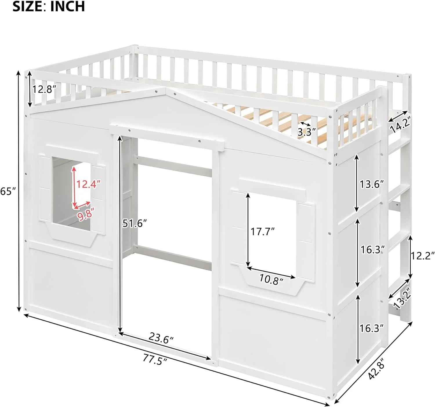 Size House Loft Bed For Kids, Wood High Loft Bed Frame With Side Ladder, 51.6