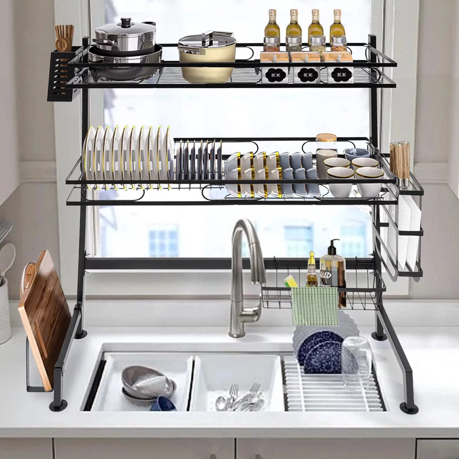 2-tiers Over-the-sink Adjustable Large 24.4'' Dish Drying Rack Large Drainage Multifunctional Kitchen Rack