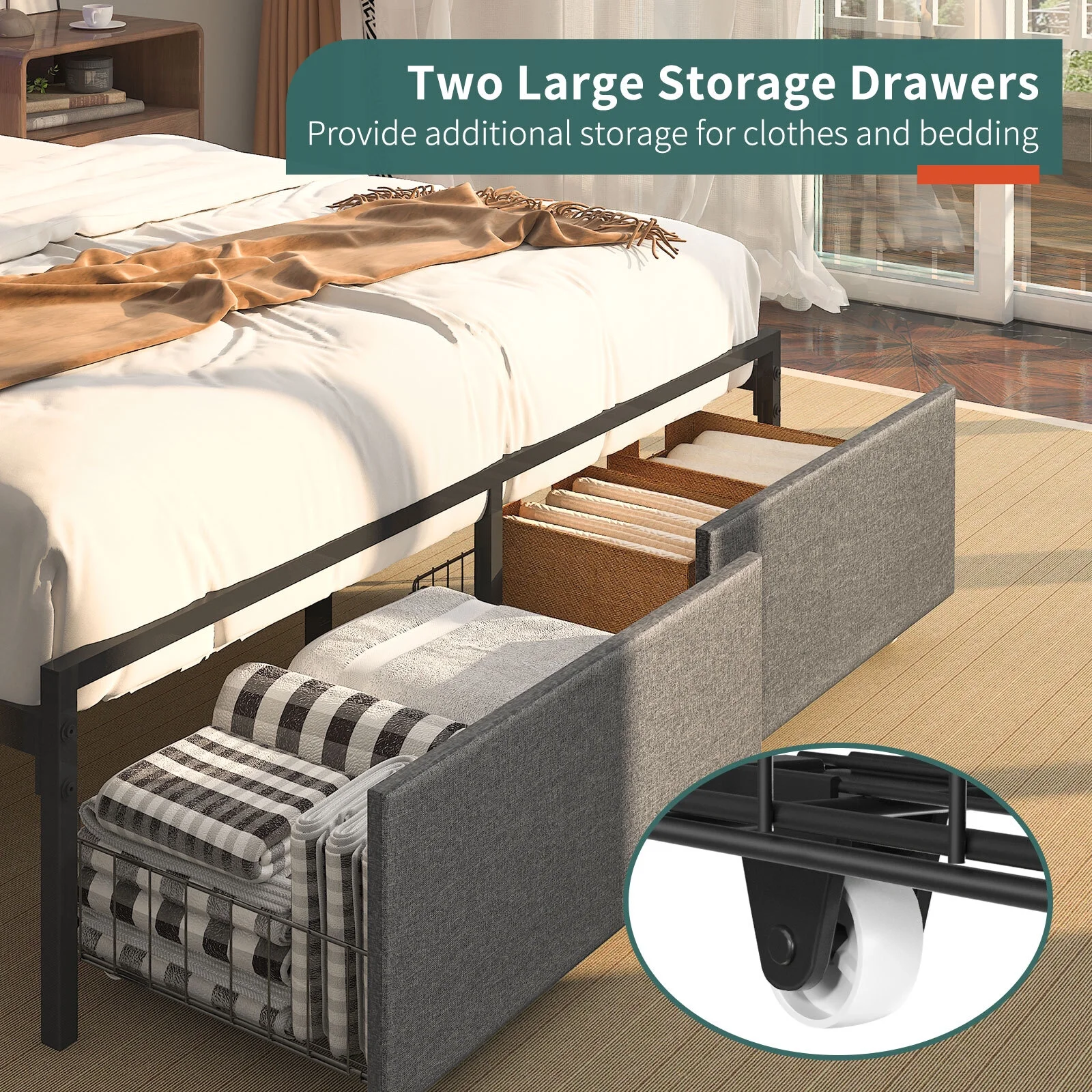 Yoobure Queen Bed Frame with Headboard, Metal Platform Bed Frame Queen Size, Heavy Duty Bed Frames with 2 Storage Drawers, Bedframe with Charging Station & LED Light, No Box Spring Needed, Noise Free