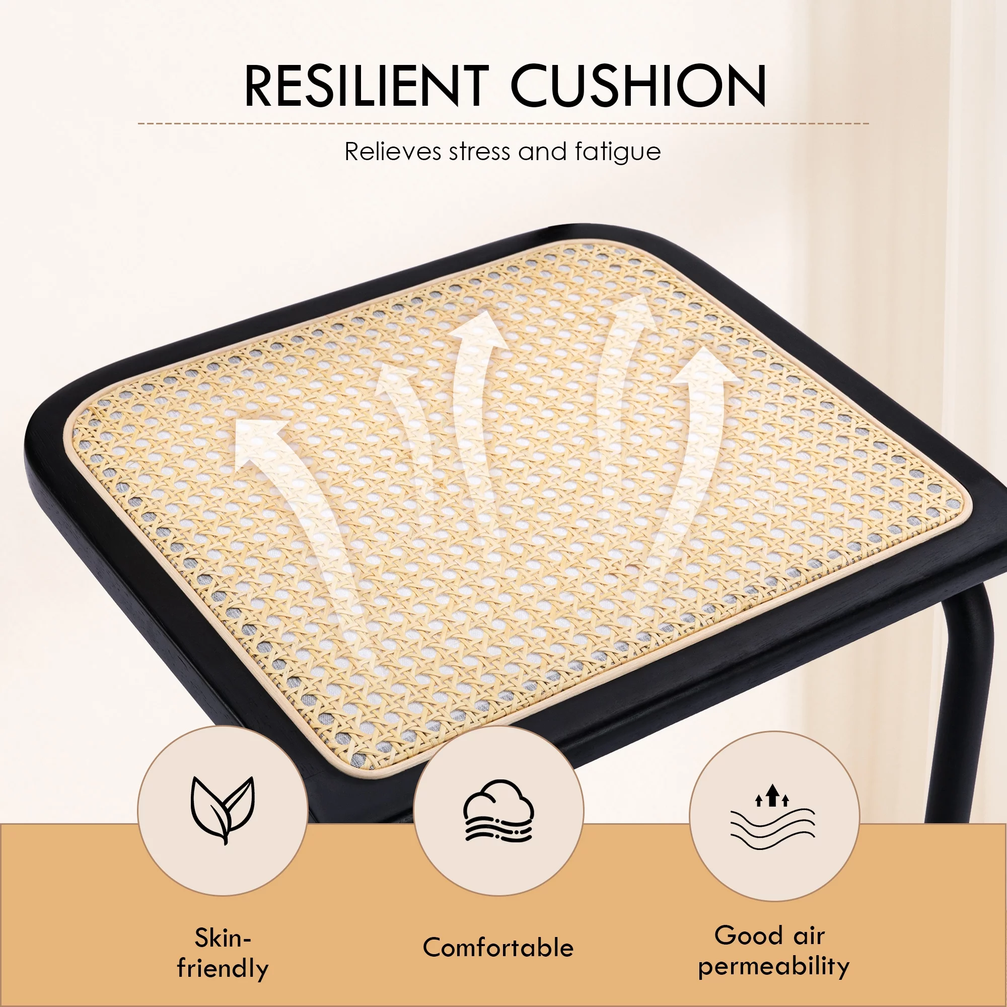 ONEVOG Rattan Dining Chairs Set of 2, Mid Century Modern Kitchen Chairs with Black Meal Legs, Armless Cane Chairs, Black