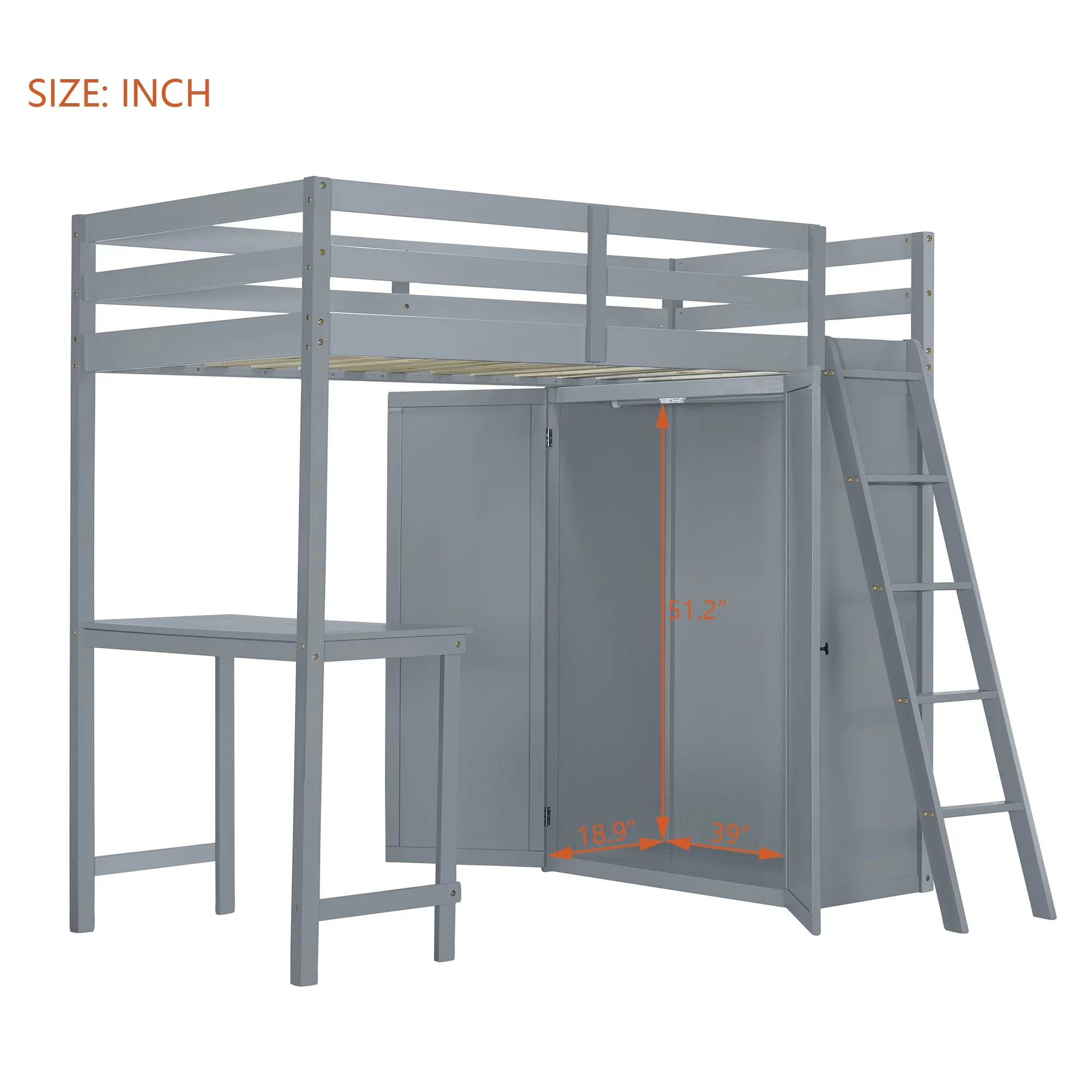 Churanty Twin Size Loft Bed with Wardrobe and Desk for Kids, Wood High Twin Loft Bed Frame with Shelves,Gray